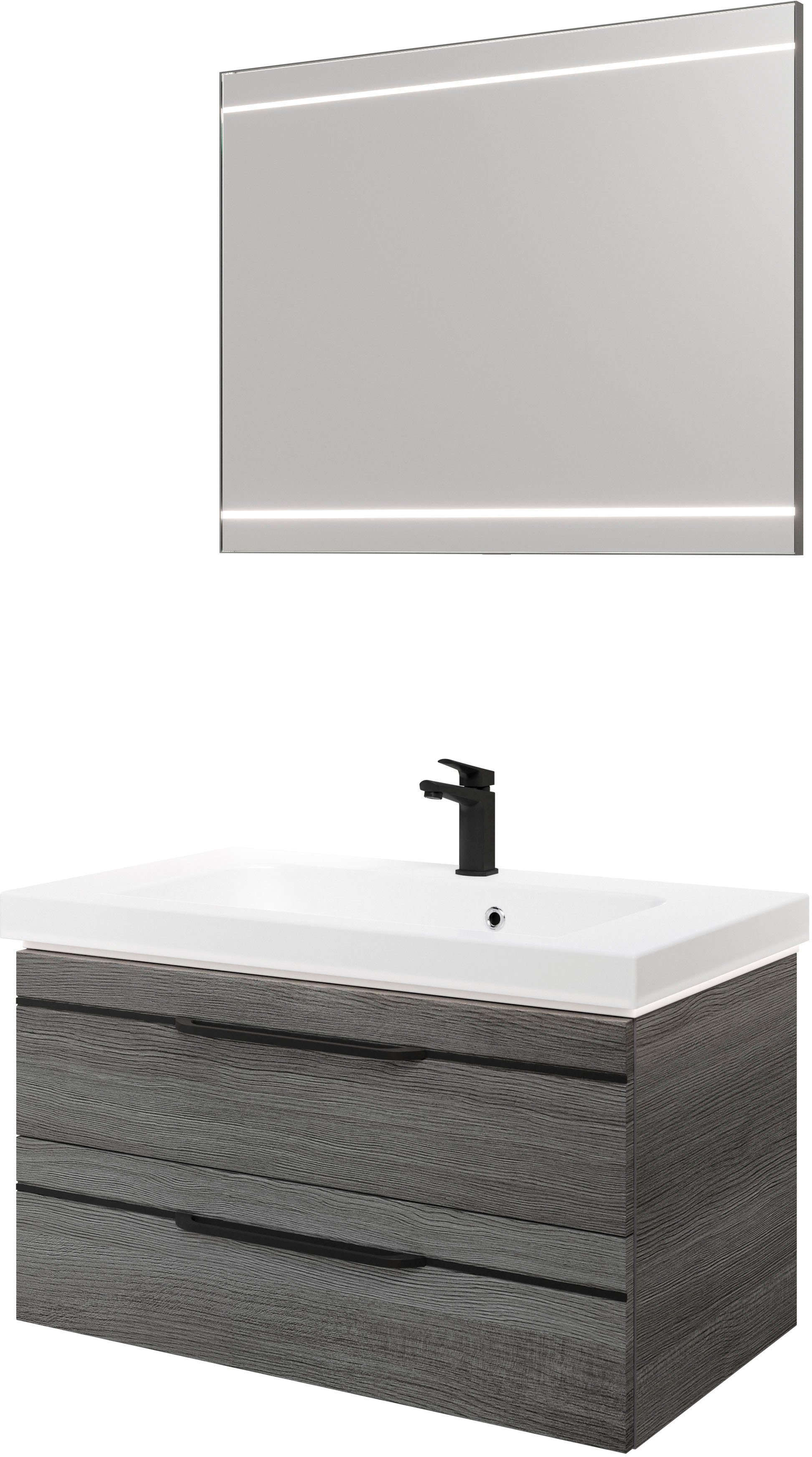 Saphir Badmöbel-Set Balto 2-teilig Mineralmarmor-Waschtisch mit LED-Spiegel, Waschplatz, (2-St), 92 cm breit, mit 2 Schubladen, Badschrank inkl. Schubladendämpfer