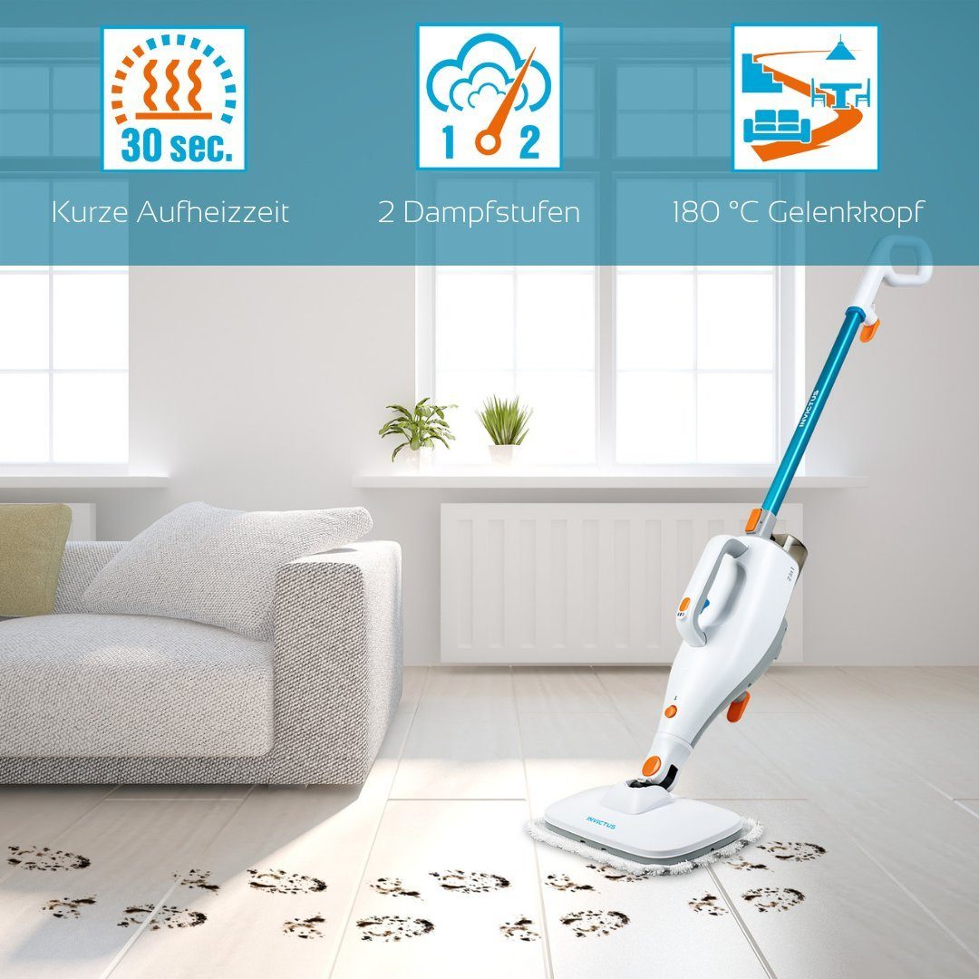 Genius Dampfreiniger INVICTUS Hand- und Bodendampfreiniger Set 7-tlg., 1400,00 W, 5m Kabel, Hartböden, Fliesen, Teppiche, 2 Dampfstufen