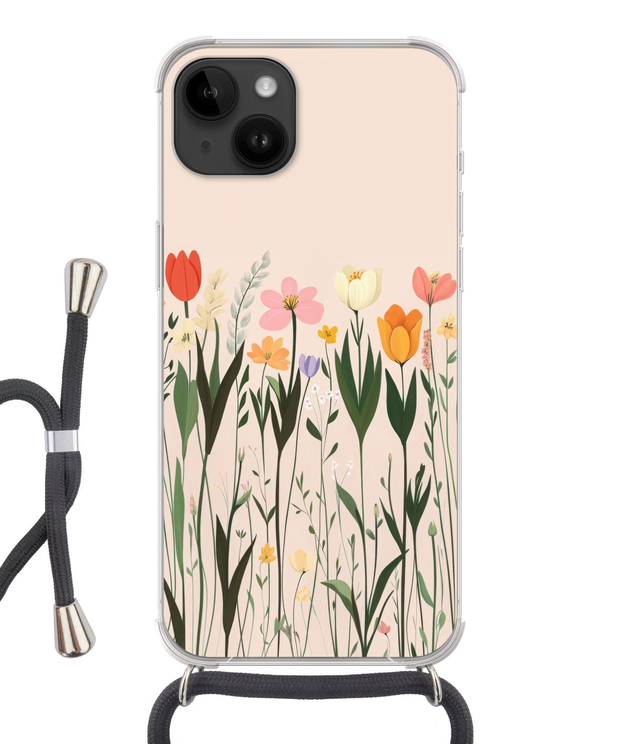 MuchoWow Handyhülle für Apple iPhone 14 Pastelltöne - Blumen - Illustration, Tragbare Handyhüllen mit Kette zum umhängen, Handykette Handyband
