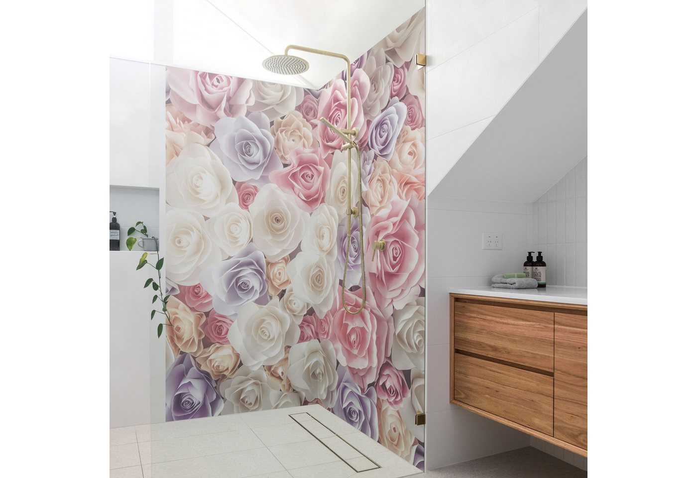 Thumbnail - Bilderdepot24 Duschrückwand Fliesen Blumen pastell Duschrückwand ohne Bohren Dusche, (2-tlg., 0,61 mm starke Folie selbs...
