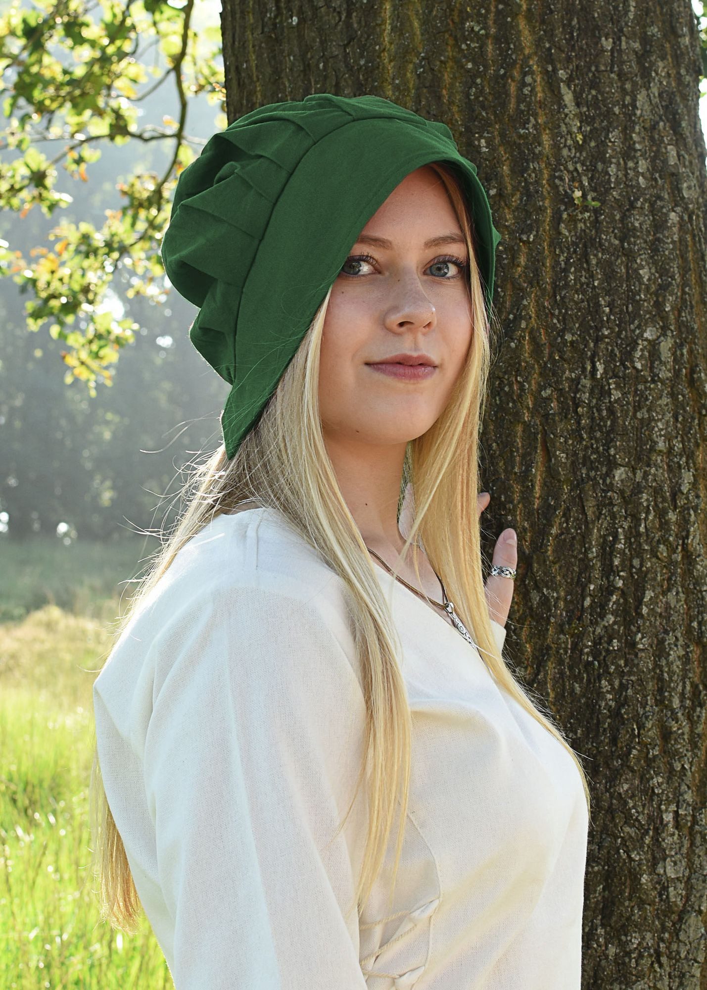 Kostüm Mittelalter Haube mit gelegten Falten, grün