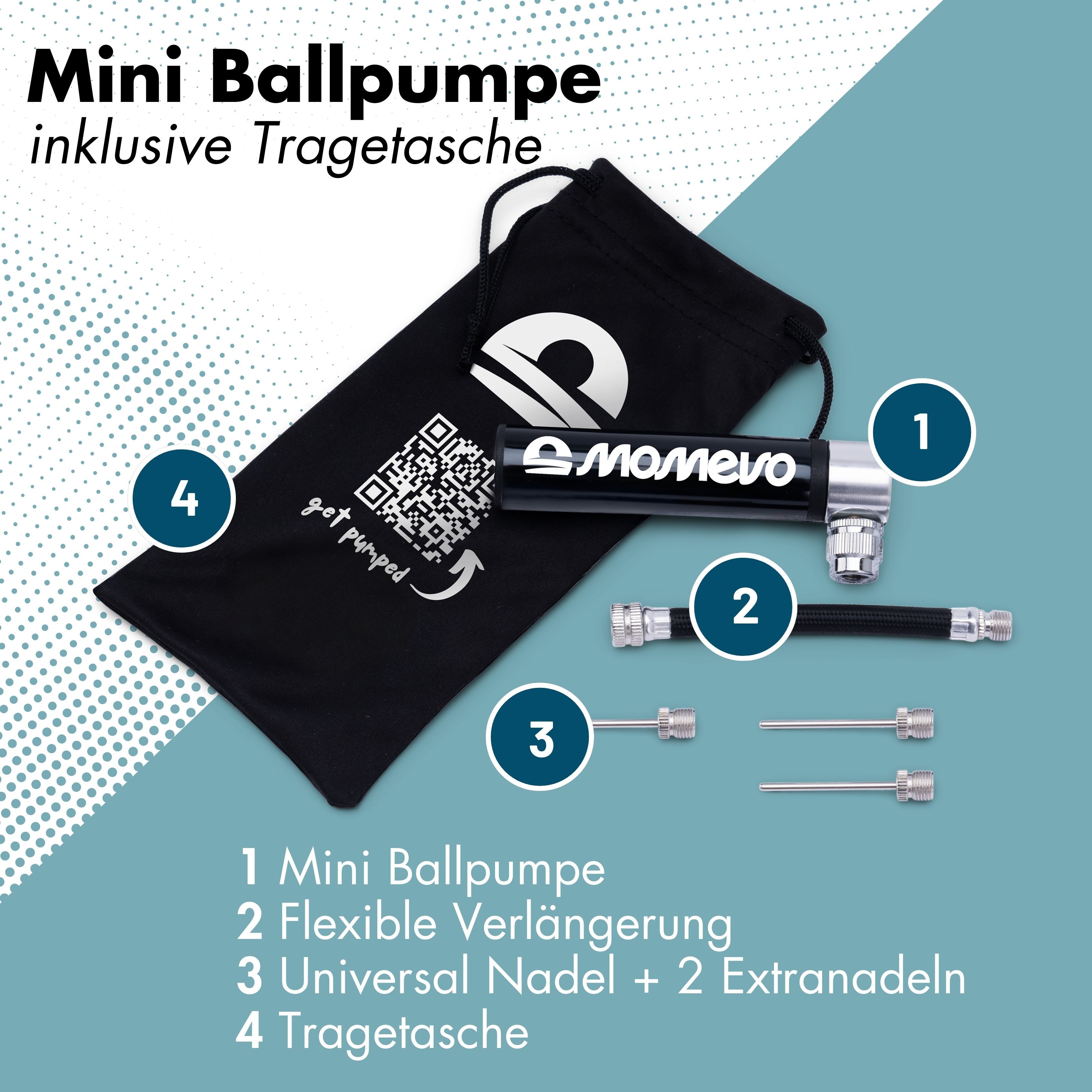 Momevo Handpumpe Kleine Aluminium-Ballpumpe für Fußball, alle Bälle, flexibler Schlauch, inklusive drei Nadeln