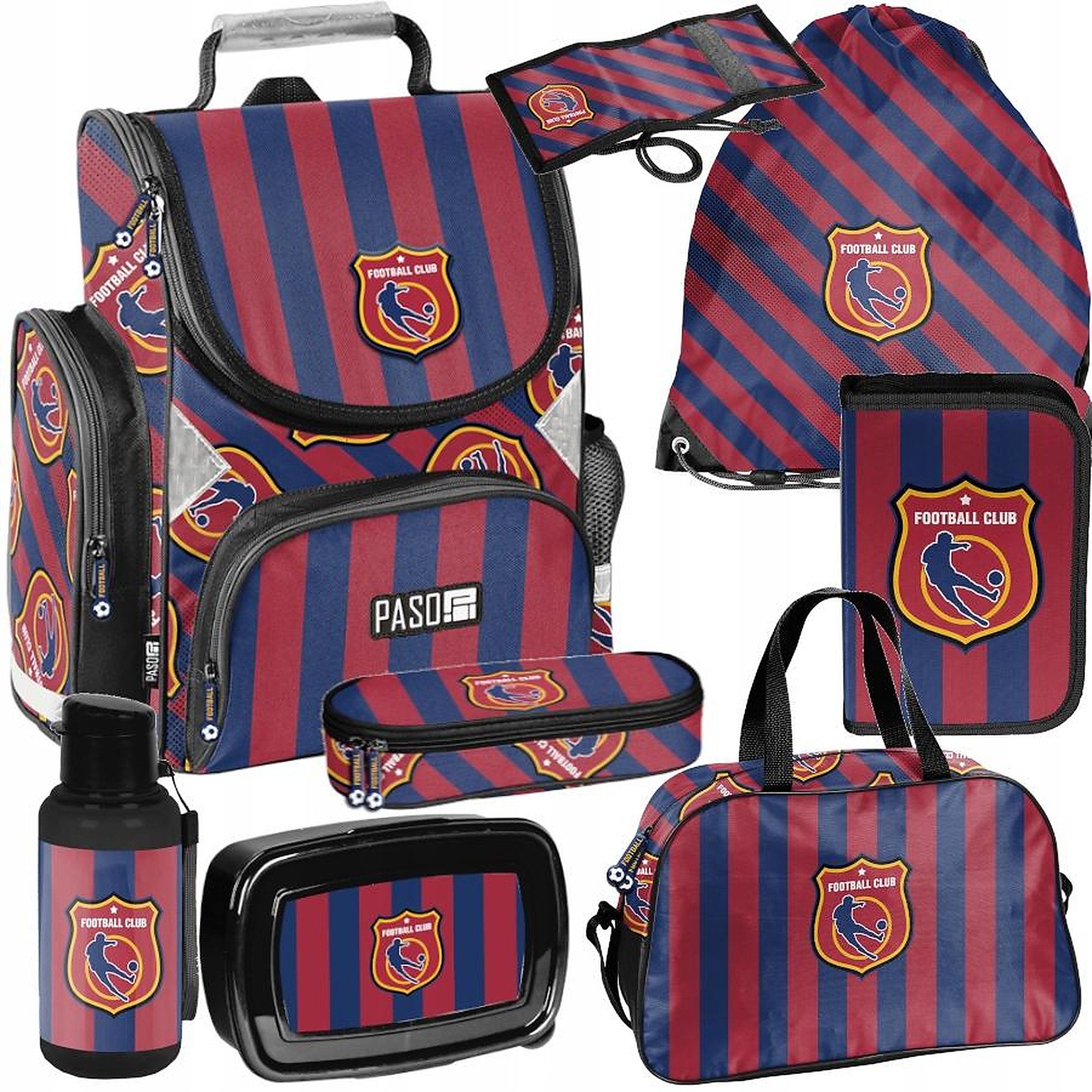 PASO Schulrucksack Mega-Set Football Club 8-tlg. (Rucksack + Turnbeutel + Federmäppchen + Lunchbox + Trinkflasche + Sporttasche + Etui + Geldbörse, 8-tlg)