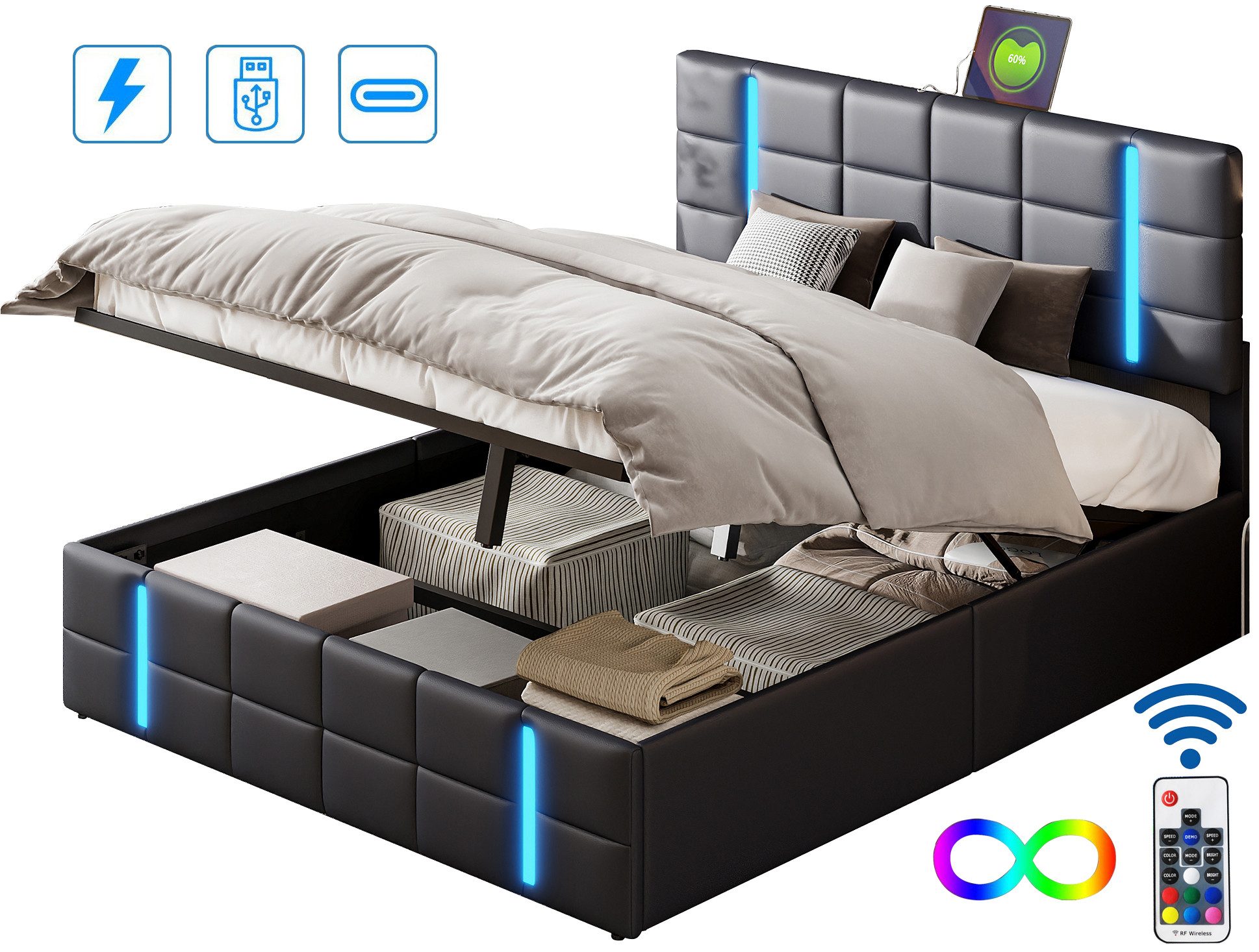 FUROKOY Polsterbett Doppelbett Stauraumbett mit Ladefunktion(2 günstig online kaufen