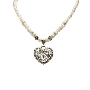 Alpenflüstern Collier Perlen-Trachtenkette Blüten-Herz (creme-weiß), - Damen-Trachtenschmuck mit Strass-Trachtenherz, Dirndlkette