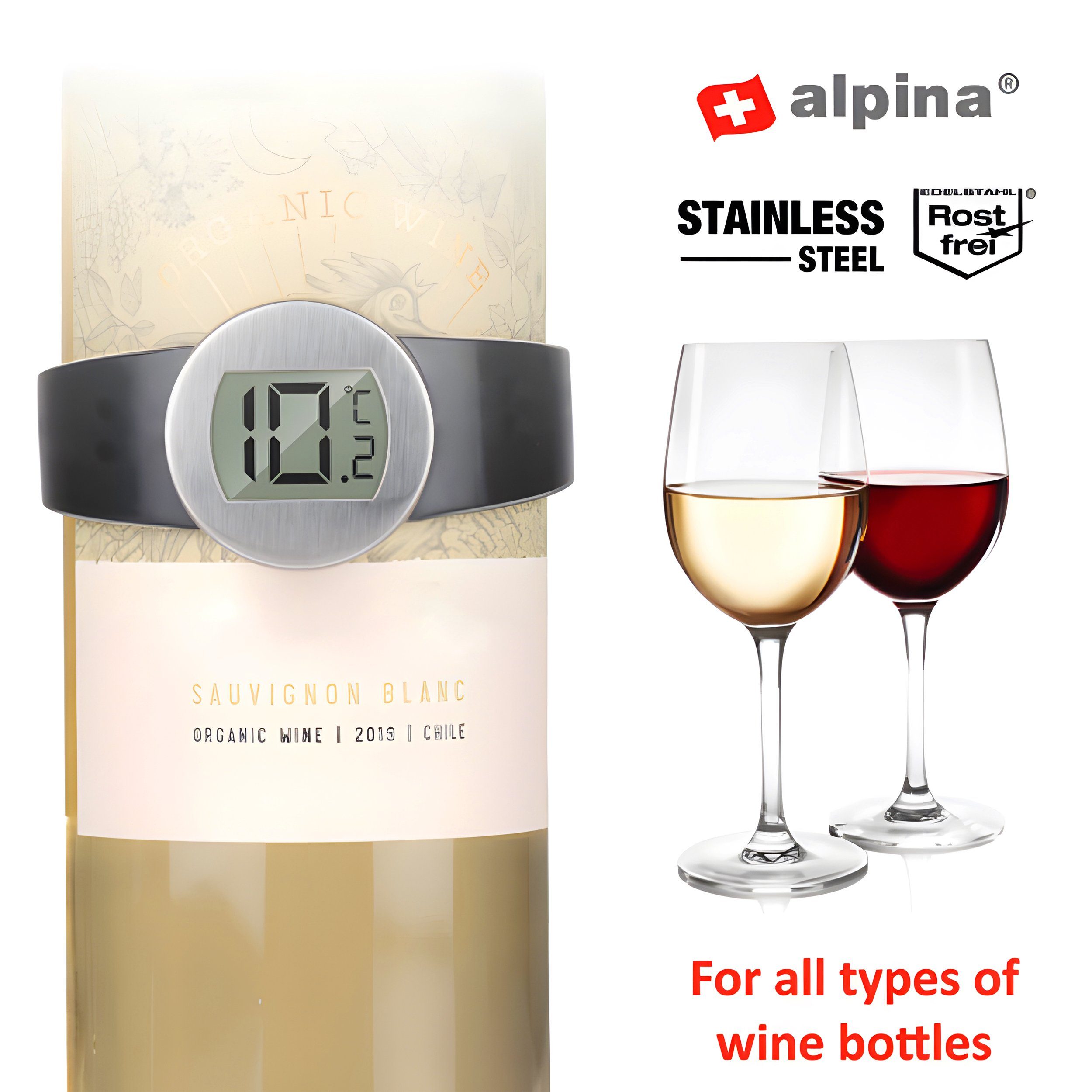 *Alpina* Weinthermometer WEINTHERMOMETER Digital aus Edelstahl Wein Thermometer Weinflaschen 09, Flaschen
