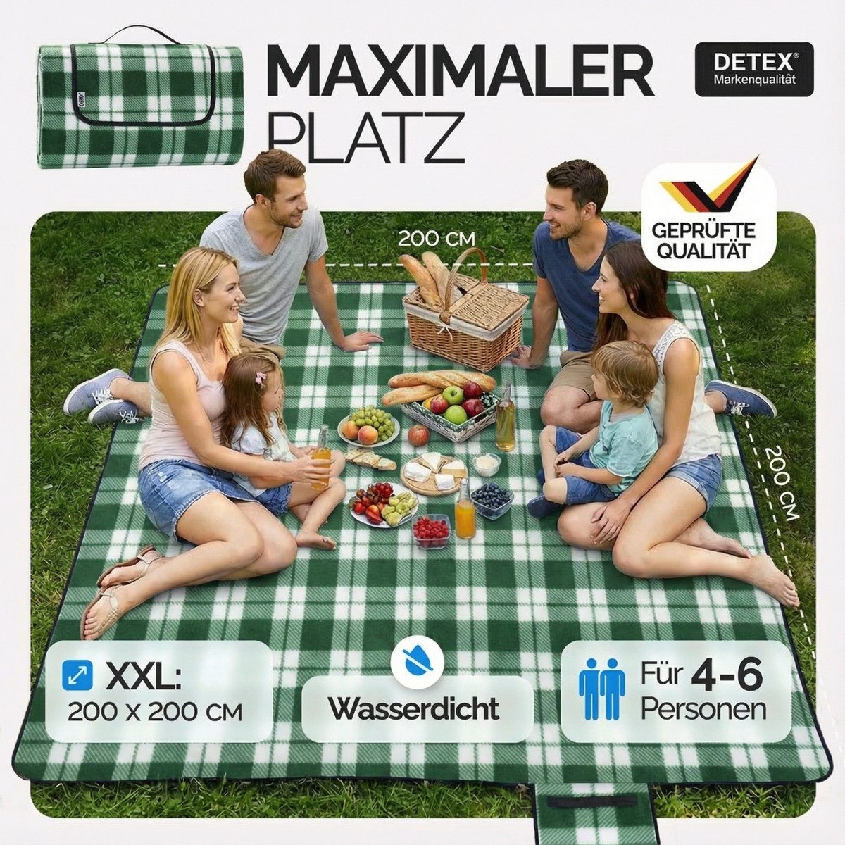Picknickdecke, Detex, XXL 200x200 cm Wasserdicht Wärmeisoliert 4-6 Personen Karo/Grün