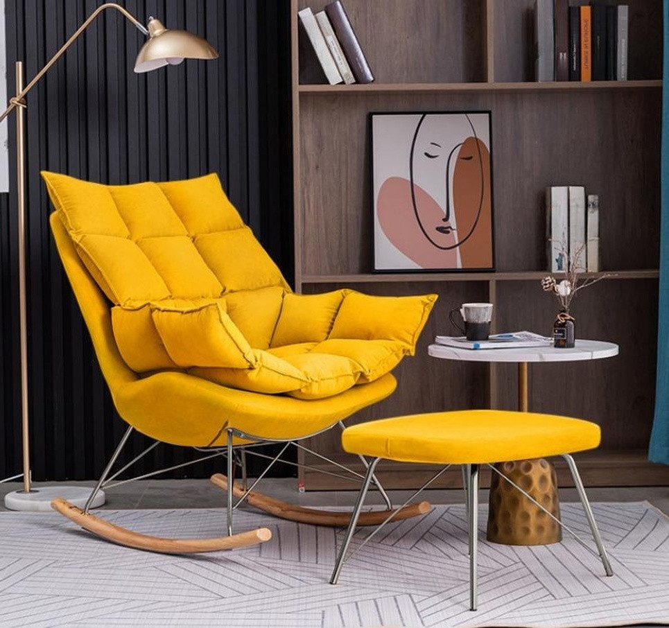 Schaukelstuhl Luxuriöse Gelbe Wohnzimmer Sitzgruppe mit Hocker in edlem Design
