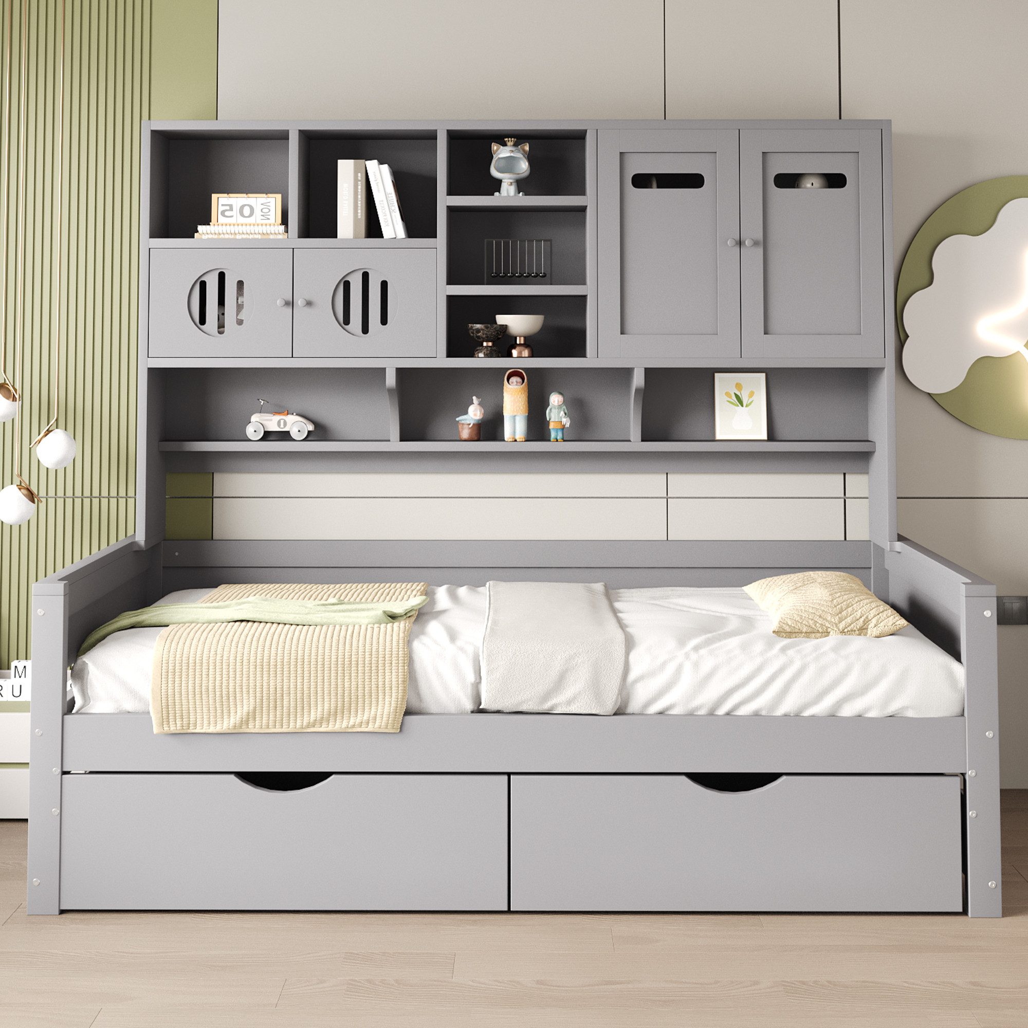 Flieks Massivholzbett, Einzelbett Kinderbett 90x200cm mit Staufächer und 2 Schubladen – Bild 3 von 5