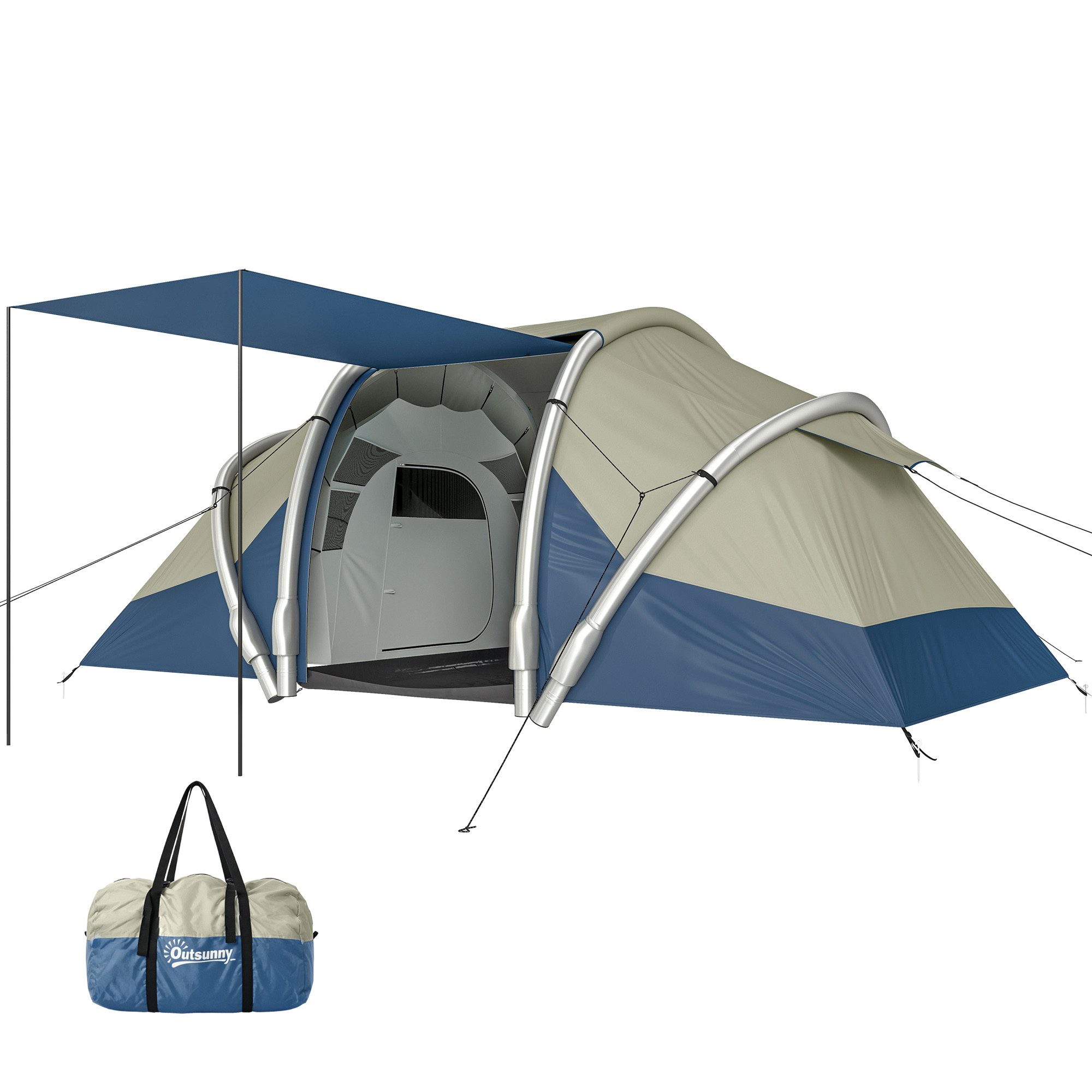 Outsunny aufblasbares Zelt mit Luftpumpe, 2 Schlafzimmer, Meshfenster, fluoreszierend Heringen, Personen: 4 (Outdoor Camping Zelt, 5 tlg., Air Glamping Zelte), aus Oxfordstoff