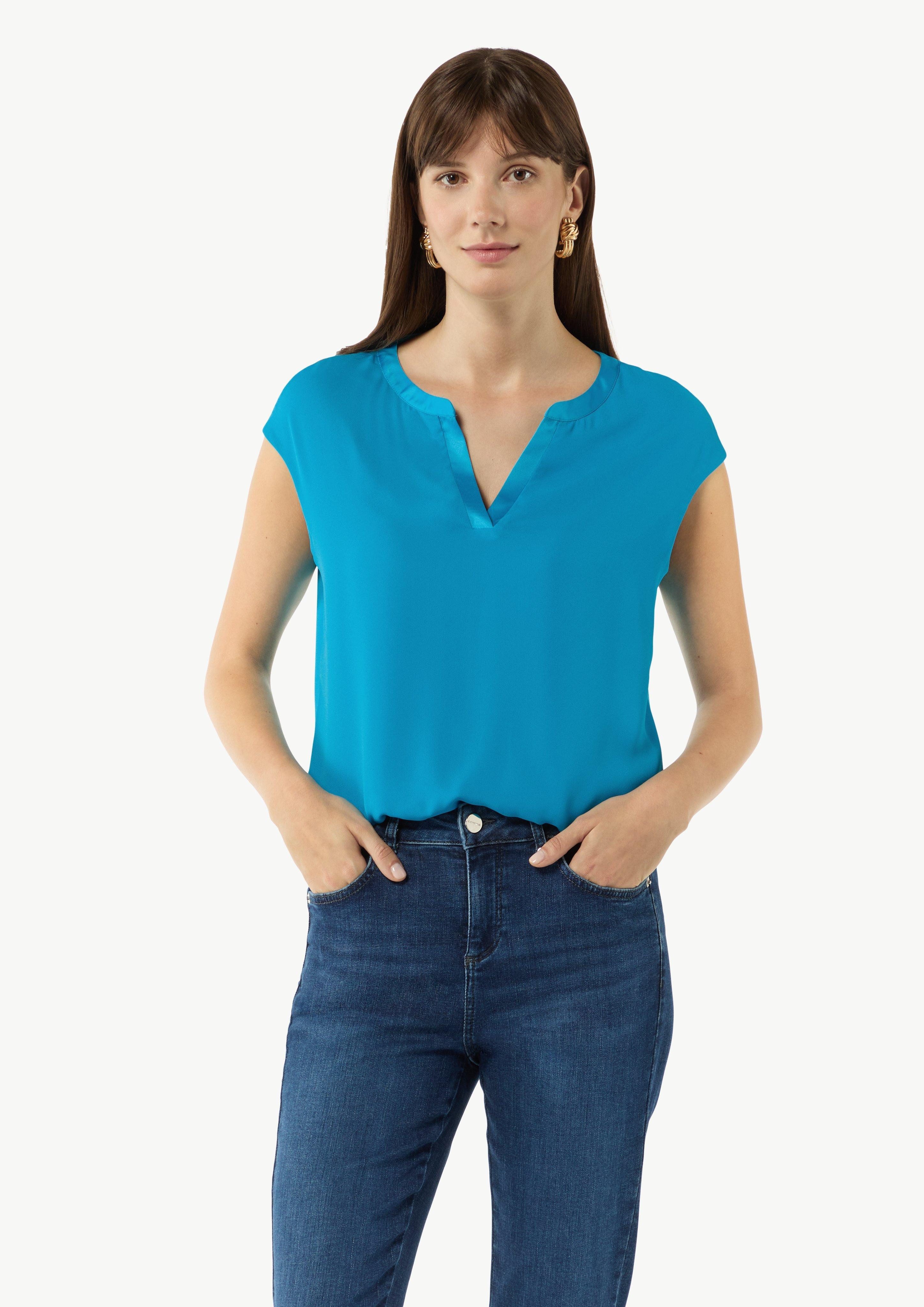 Kurzarmshirt T-Shirt mit im Fabricmix mit Tunikaausschnitt