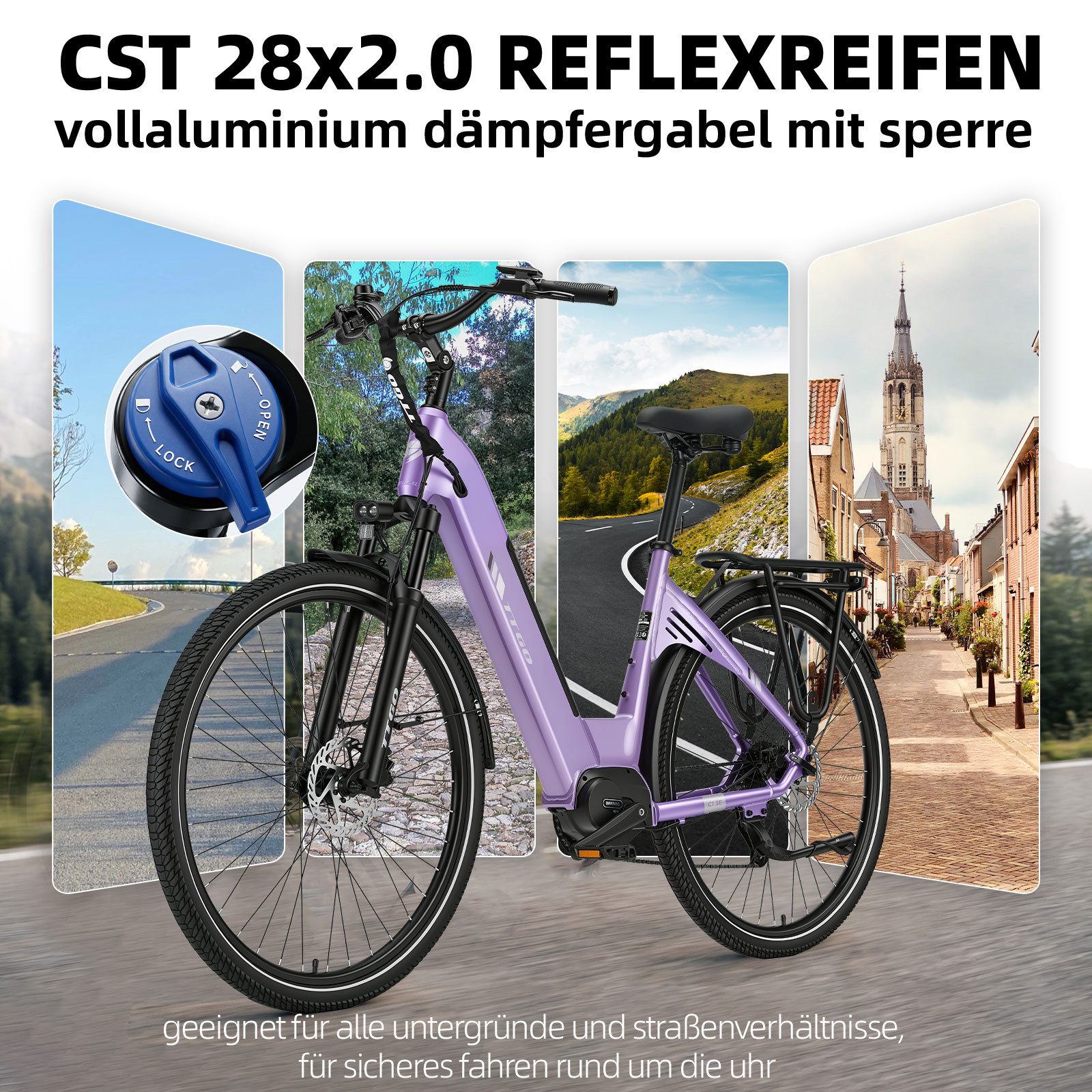 TTGO E-Bike Cityrad 28 Zoll, 75Nm Mittelmotor, 650Wh bis zu 140km, Lockout-Federgabel, 9 Gang Shimano, Kettenschaltung, Mittelmotor, 650 Wh, (Pedelec, Farb-LCD- – Bild 4 von 5