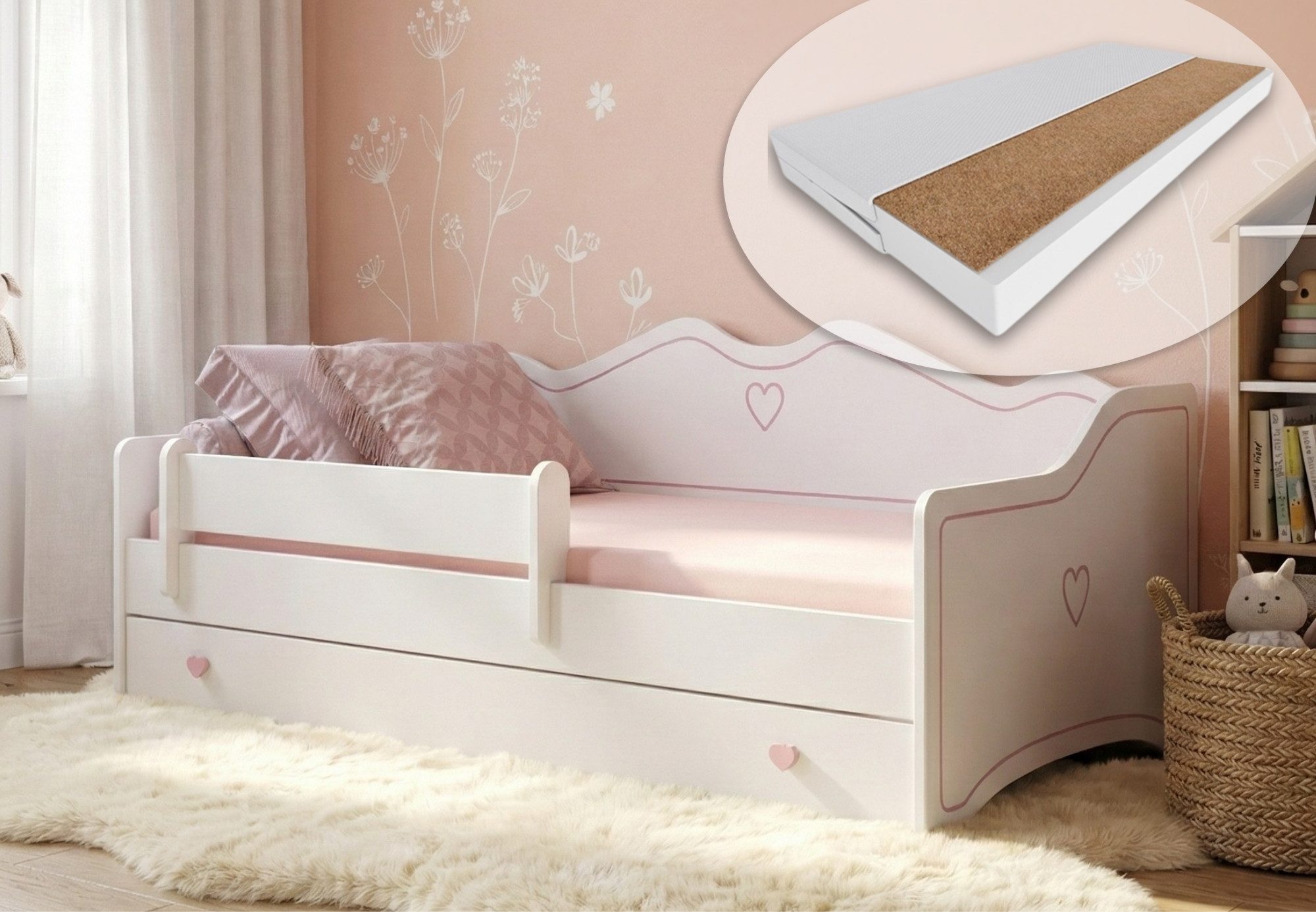 Kids Collective Kinderbett Mädchenbett 80x160 & 80x180 mit Matratze, Rausfallschutz & Schublade, mit punktelastischer Kokos-Matratze 80x160 cm Weiß und Rosa