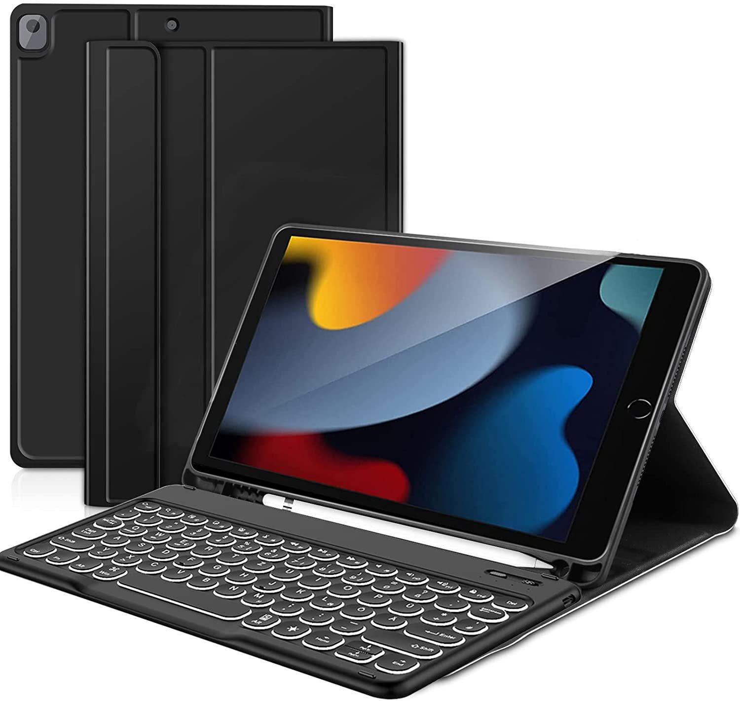 IVSO Tastatur für iPad 10,2, QWERTZ Beleuchtete Tastatur Hülle für iPad  9./8./7. Generation (iPad 2021/2020/2019), iPad Air 3, iPad Pro 10,5 Zoll  Tastatur Hülle, Schwarz iPad-Tastatur