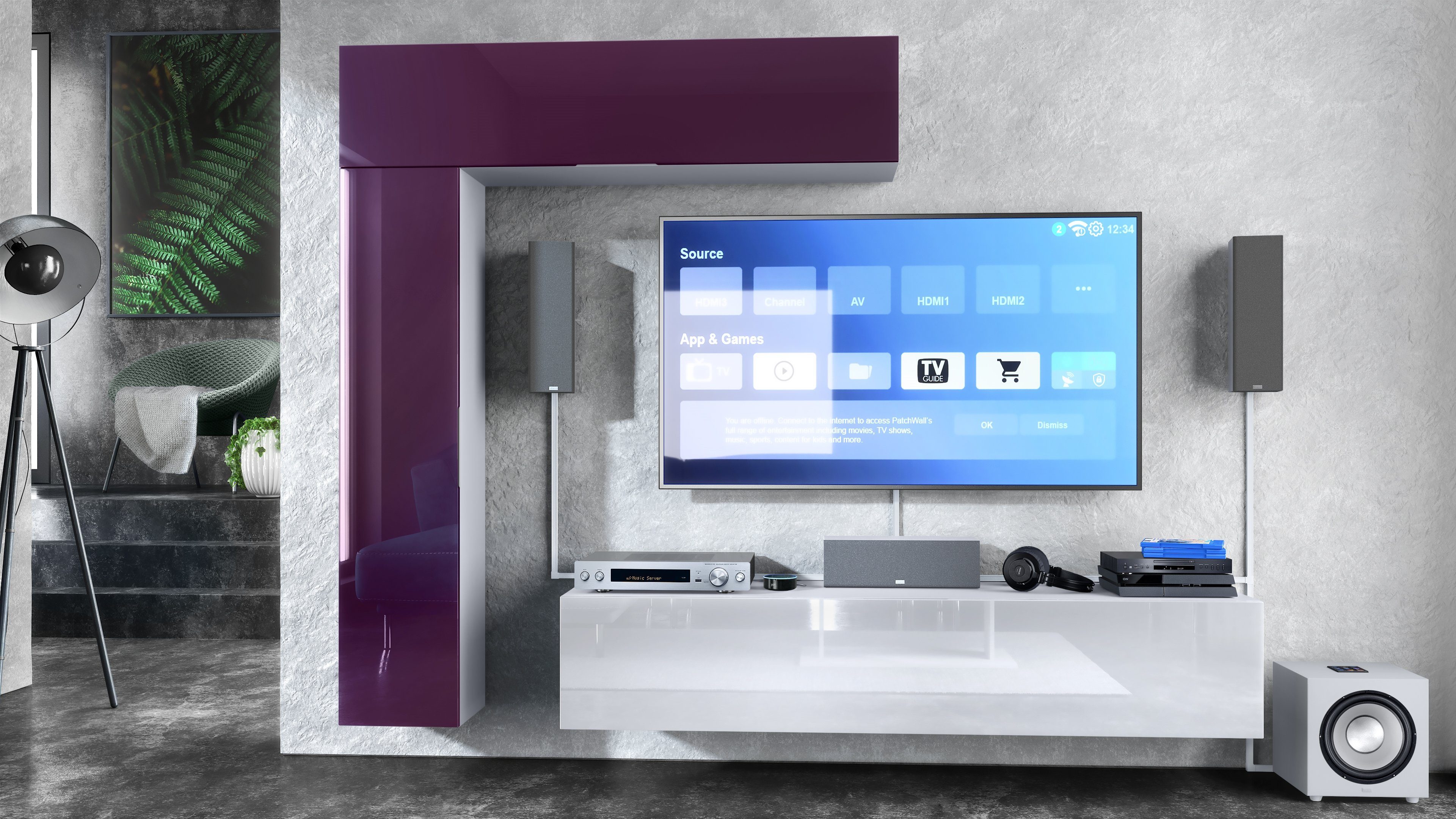 Vladon Wohnwand Taurito, (Anbauwand, mit Rückwand mit 2 Klappen und 1 Schrank), Weiß matt/Brombeer Hochglanz (320 x 182 x 39 cm)