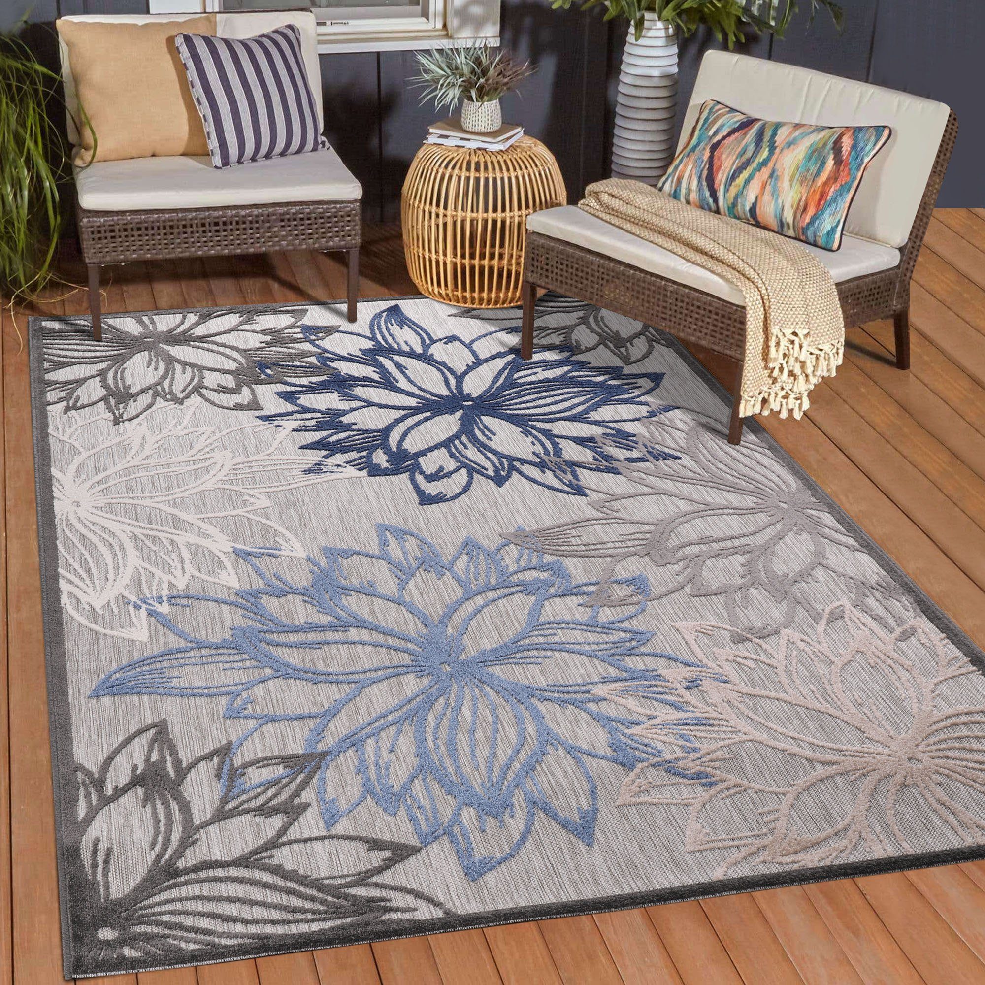 Teppich Floral 2 Outdoor, Sanat, Balkon, Terrasse, und Außenbereich Outdoor geeignet, graublau Blumen, 6 In- mm, Höhe: rechteckig