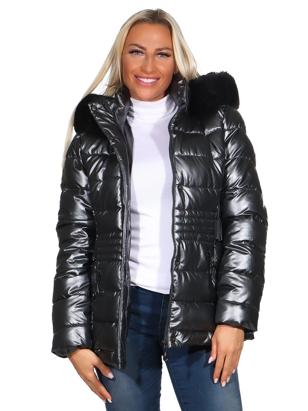 Aurela Damenmode Steppjacke Steppjacke Damen abnehmbare Kapuze Kunstfell Winter Jacke abnehmbare Kapuze, abnehmbares Kunstfell Schwarz