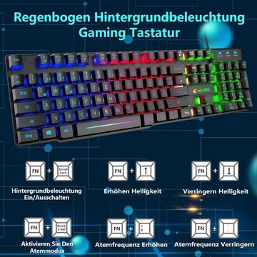 ZIYOU LANG Gaming mit Handballenauflage, QWERTZ Deutsches Layout Regenbogen Tastatur- und Maus-Set, Ergonomische Keyboard6Tasten 2400DPI Maus,Mauspad für Windows Mac PS4