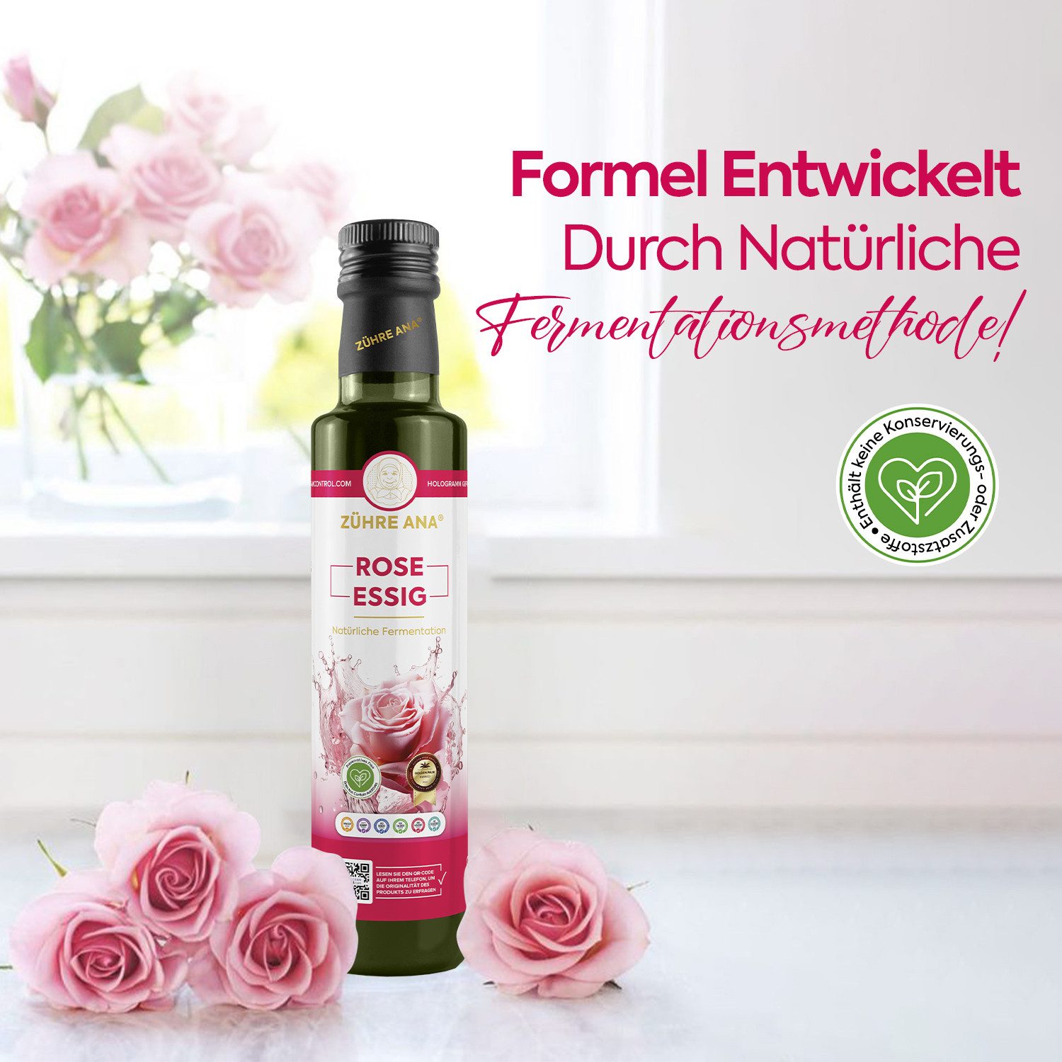 Zühre Ana® Essig Rosenessig-Natürlich fermentiert 500 ml, In trinkbarer Form kann es zur Hautpflege verwendet werden.