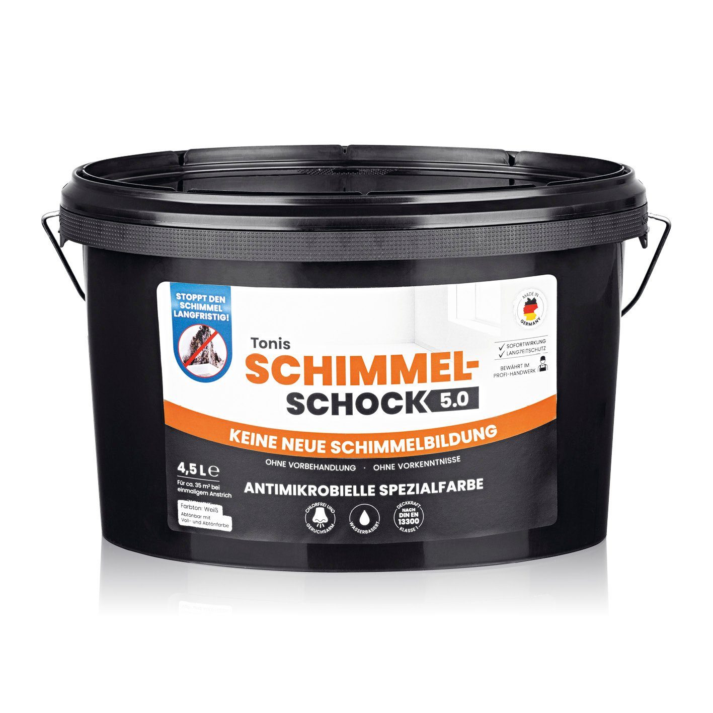 Tonis SCHIMMELSCHOCK Wandfarbe 5.0 Antimikrobielle Spezialfarbe zur Schimmelbekämpfung 4,5L, für ca. 18qm, langfristige Schimmelentfernung mit Sofortwirkung