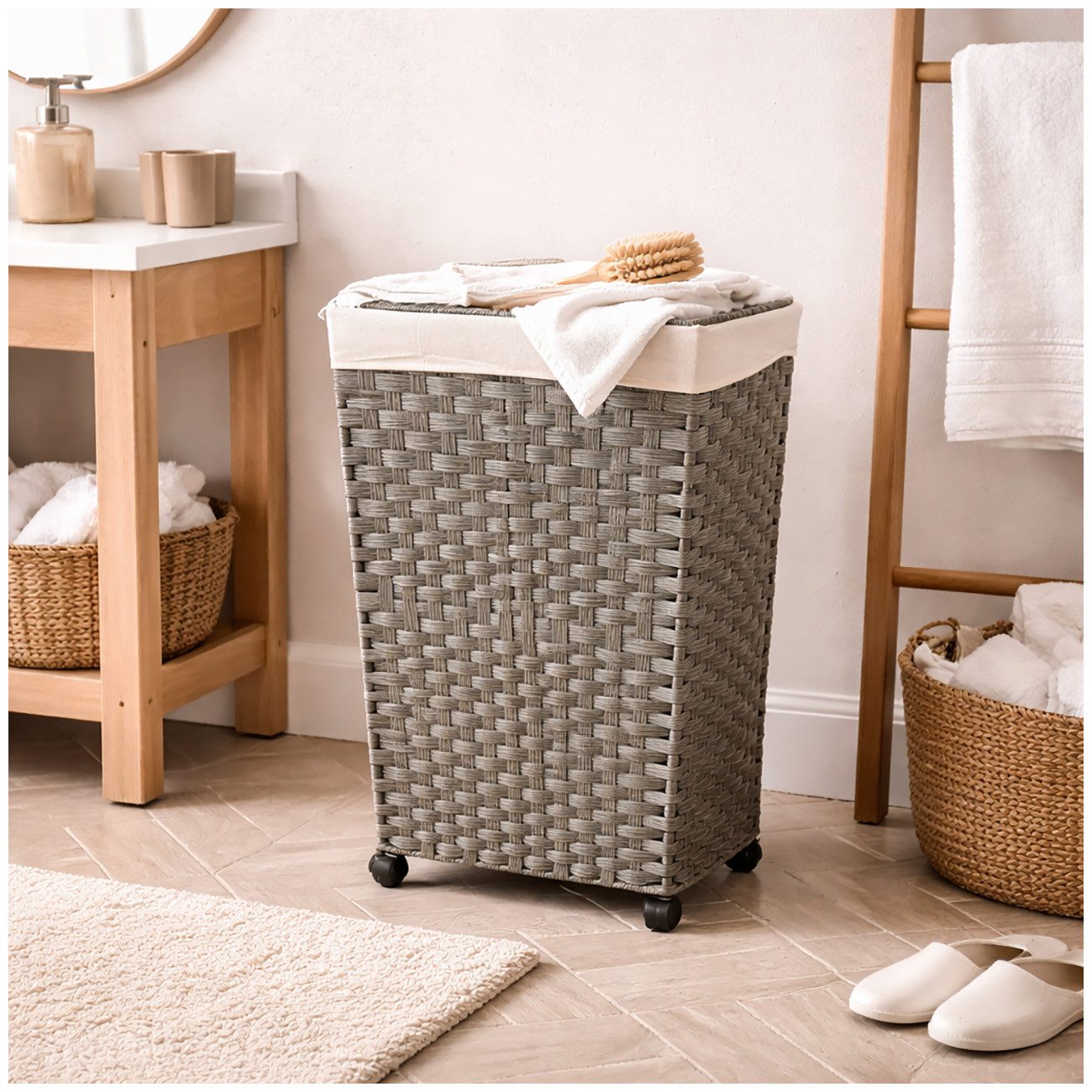 HTI-Living Wäschekorb Wäschekorb Polyrattan 40 Liter Grau Wäschesammler mit Rollen (Stück, 1 St., 1 Wäschesammler), Wäschekorb Polyrattan auf Rollen