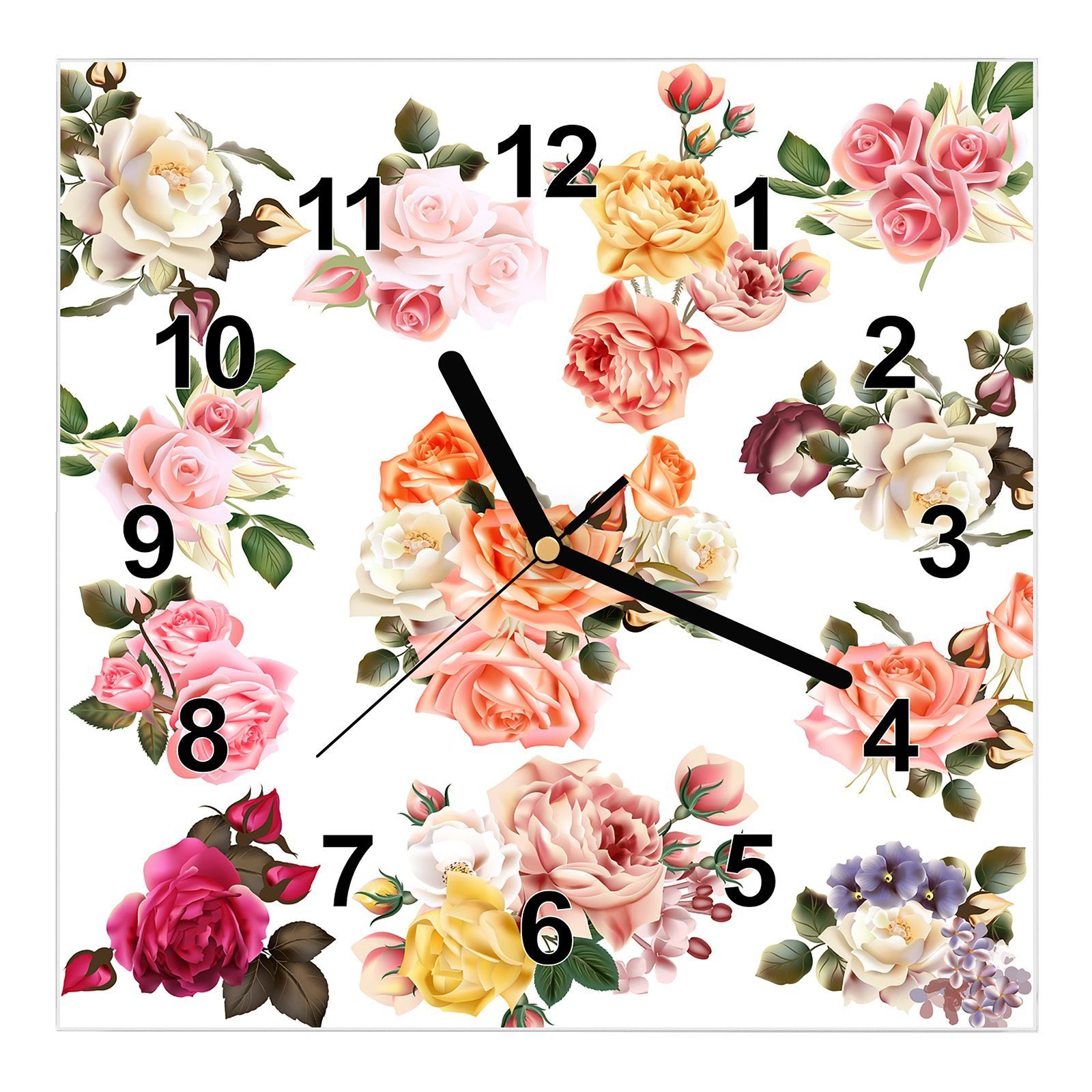 Primedeco Wanduhr Glasuhr Wanduhr Wandkunst Größe 30 x 30 cm mit Motiv Verschiedenfarbige Rosen