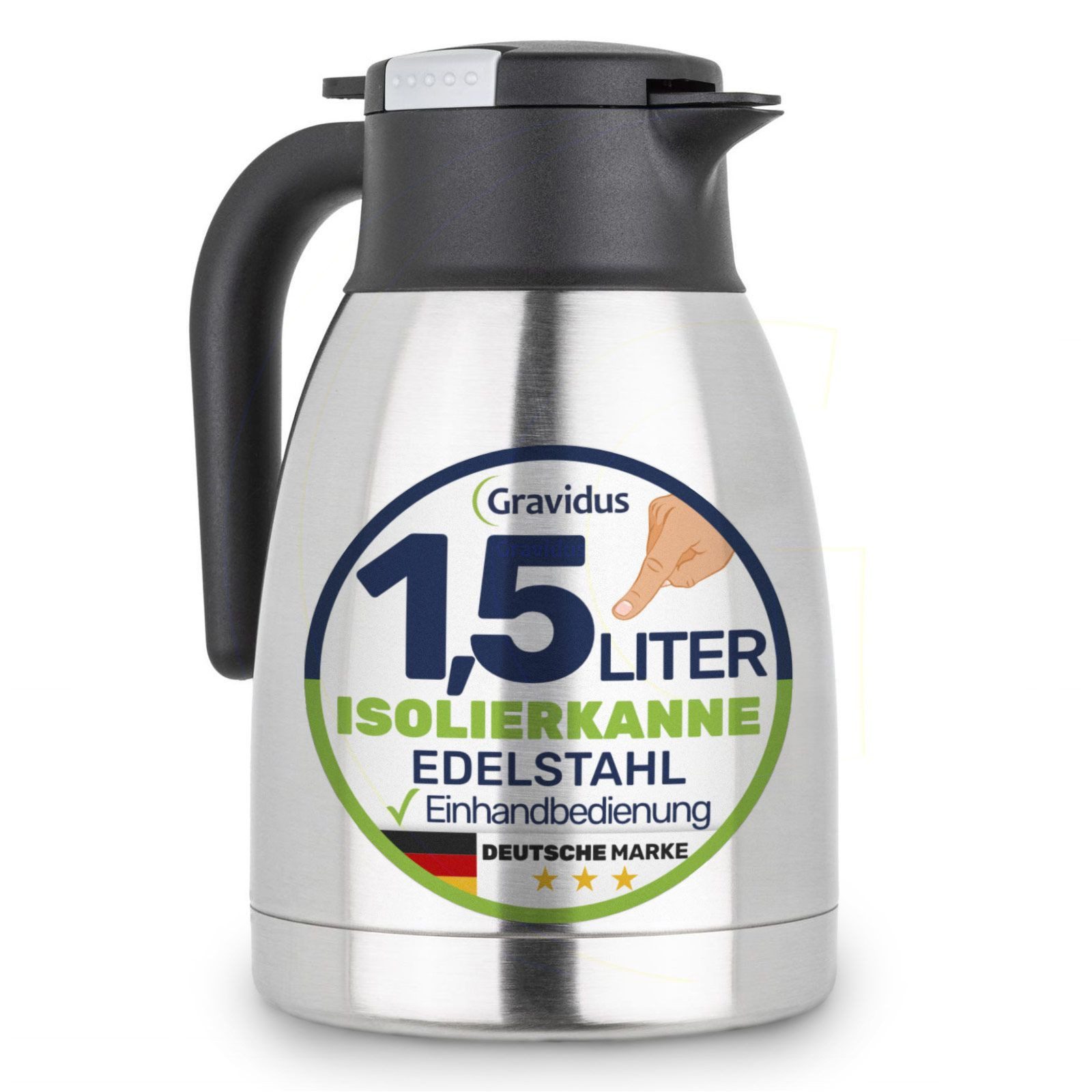 Gravidus Isolierflasche Edelstahl Isolierkanne 1,5 Liter mit Einhandbedienung