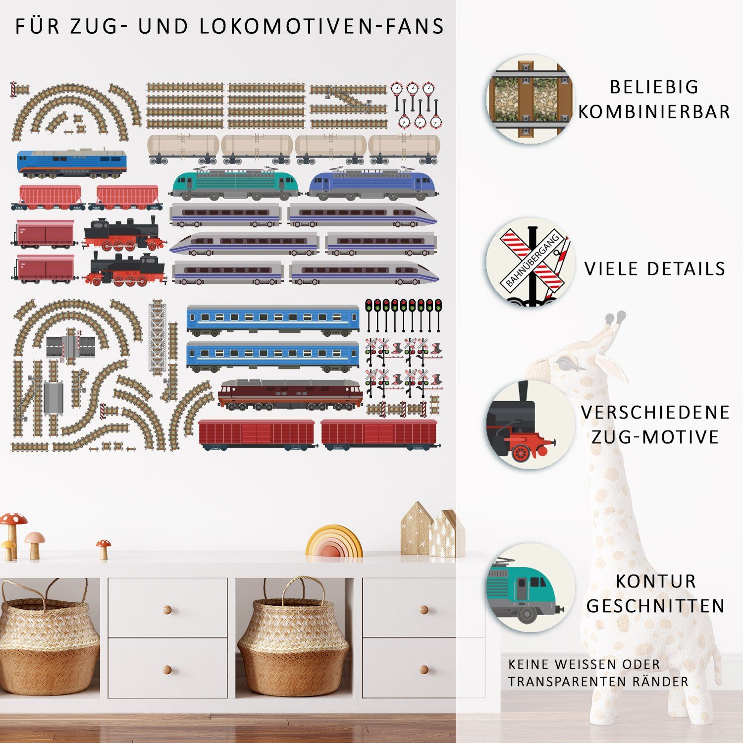 Sunnywall Wandtattoo XXL Eisenbahn Zug Lokomotive Wandtattoo Set Kinderzimmer Wanddeko