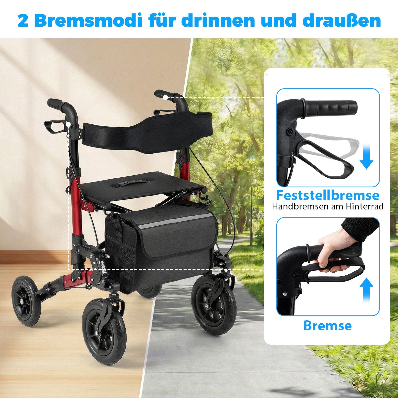 COSTWAY Rollator, Faltbar und leicht mit Sitz, Tasche & Stockhalter, bis 136 kg