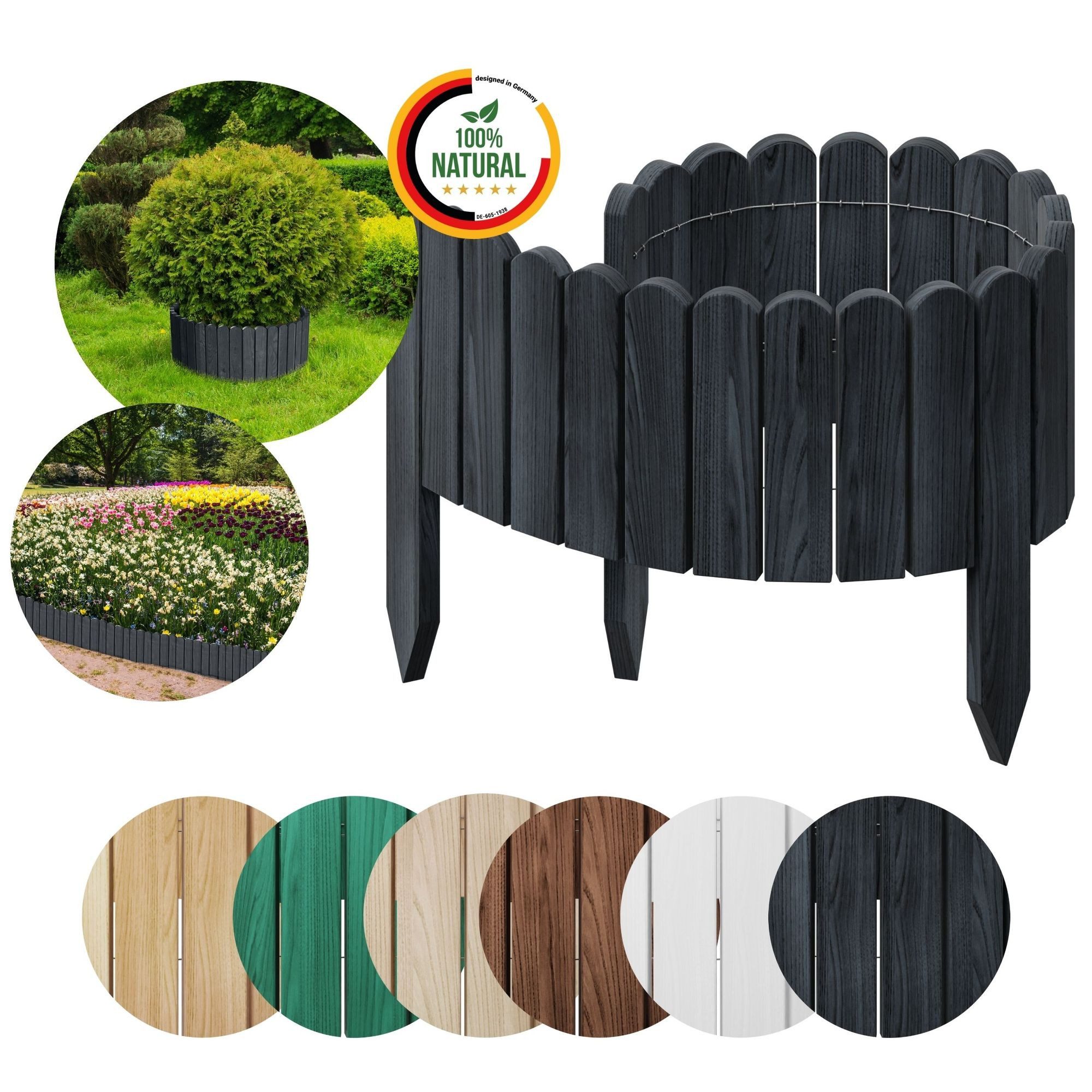 Floranica Palisade Flexible Rollborder Beeteinfassung Beetumrandung Rasenkante Holzzaun, LxH: 100x10 cm, Anthrazit, Dekozaun Umzäunung von Blumenbeeten Kräutergarten Wege Rasenbegrenzung