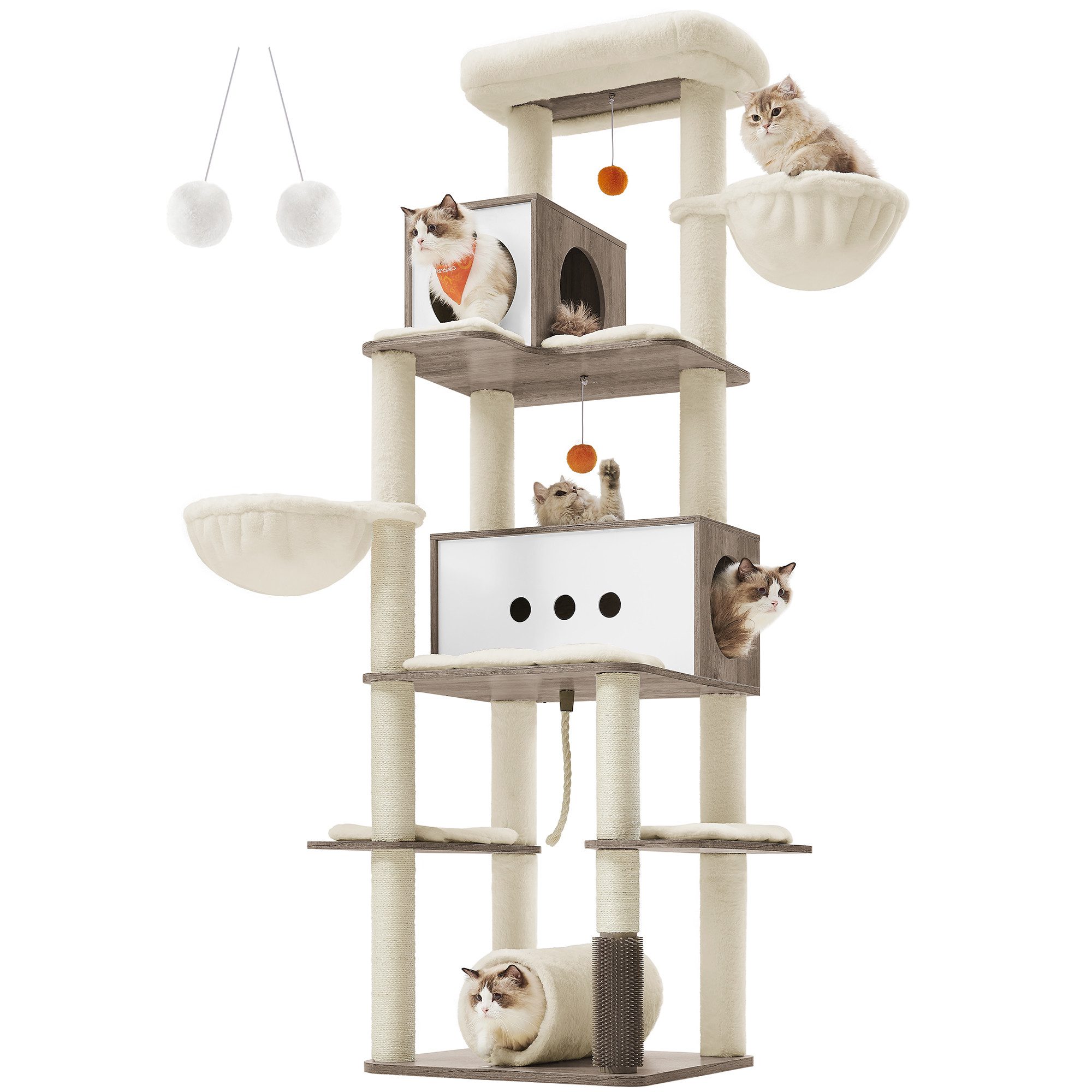 FEANDREA Kratzbaum, 197cm Katzenbaum XXL, mehrstöckig, Katzenbürste, Tunnel