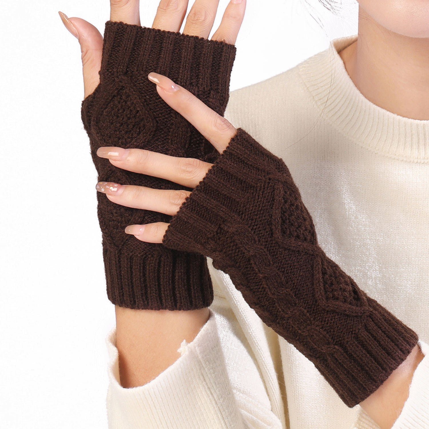 Gestrickte Damen MAGICSHE Strickhandschuhe Handschuhe Braun Fingerlose Winter Wärmer
