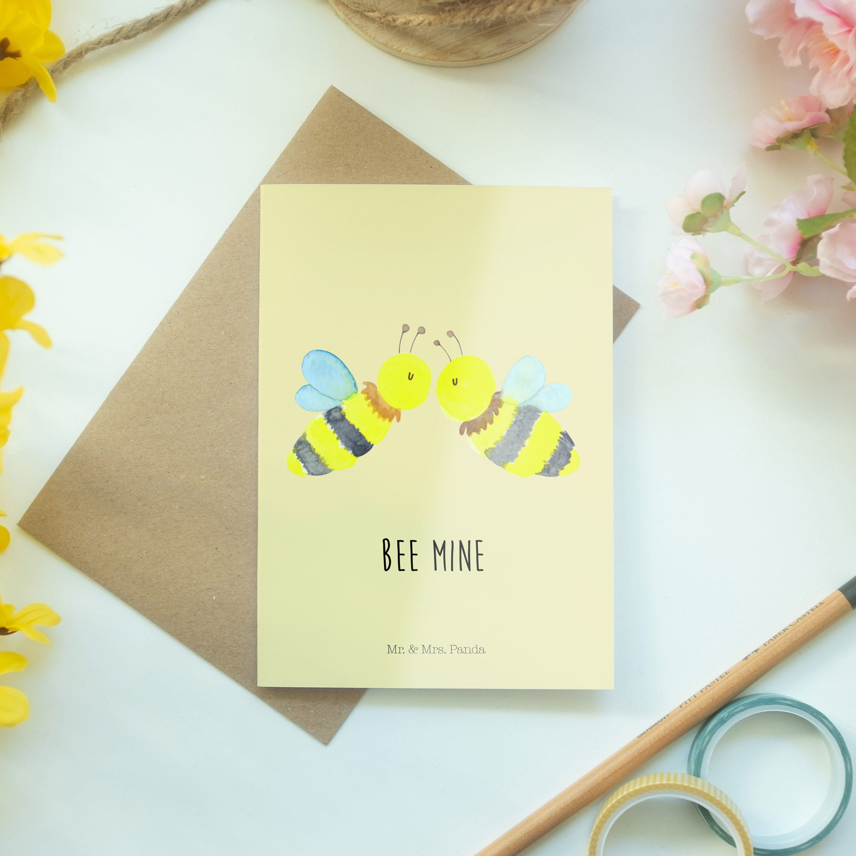 Gelb Mrs. - Mr. Glückwunschkarte, Biene Pastell Liebe Klappkarte & Panda Geschenk, - Grußkarte