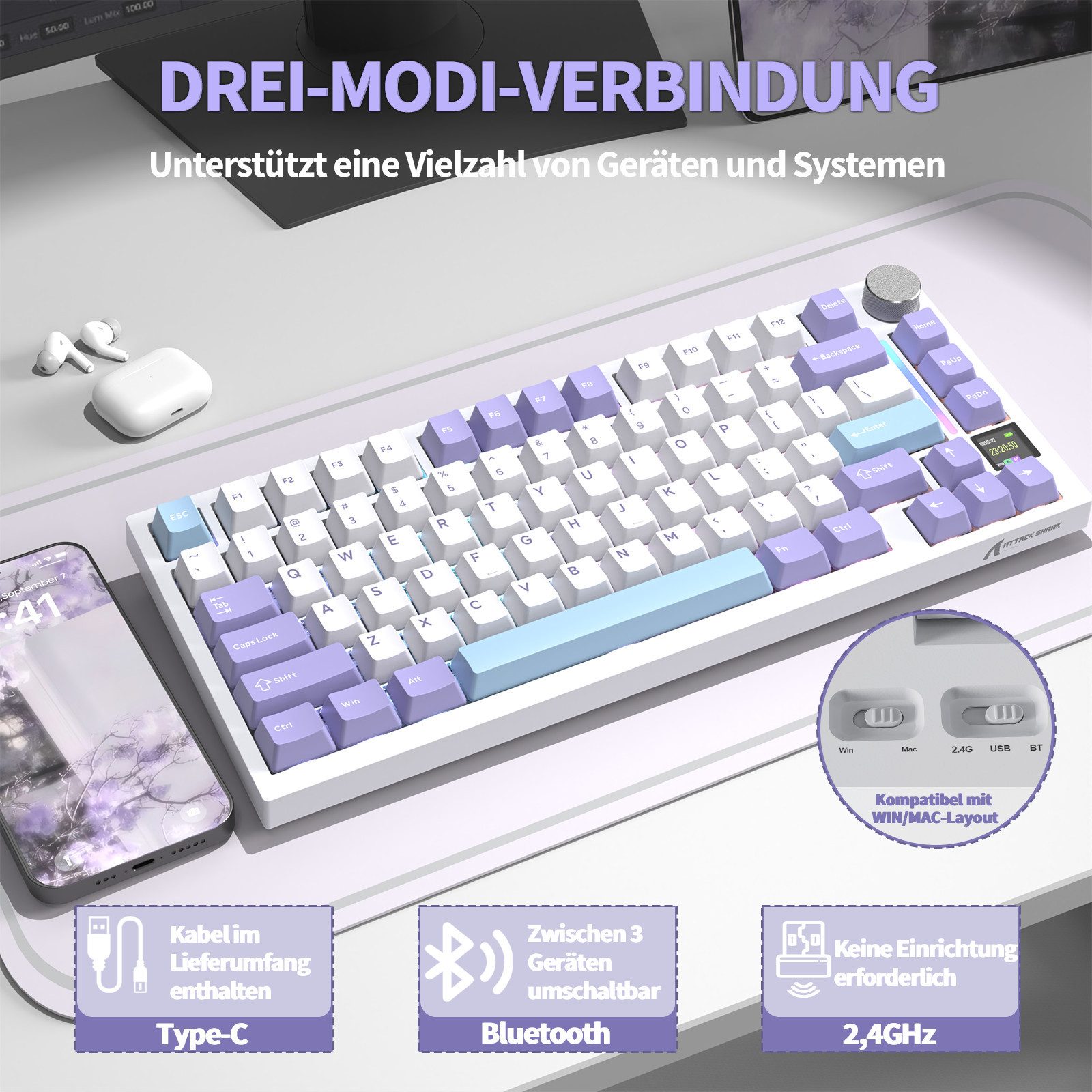 ATTACK SHARK X820 Ultra Mechanische Tastatur mit,75% ANSI-Layout, 2,4 GHz/BT/Wired Gaming-Tastatur (Gasket,TFT-Bildschirm und Knopf,5 Sound-Absorbing Foams,Hot-Swap)