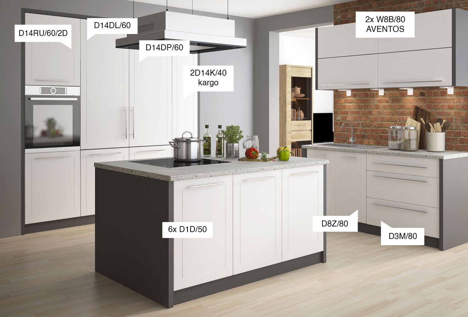 Feldmann-Wohnen Kücheninsel Kvantum, (mit Kücheninsel, Soft-Close-Funktion, Teilauszugschubladen), lava / weiß matt 14-teilig
