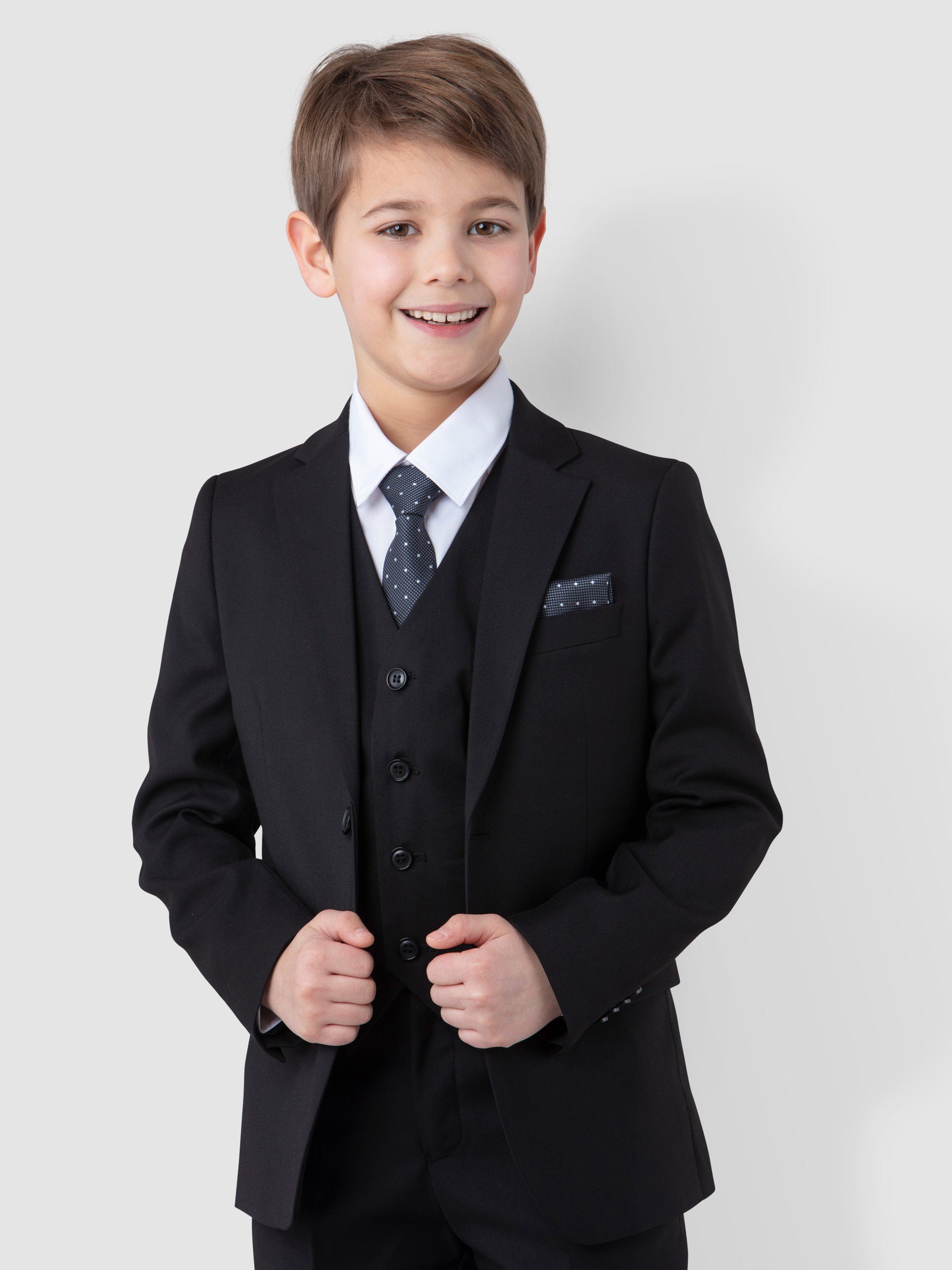 SANDER STELLAN Kinderanzug Luxuriöser Jungen Anzug Kommunionanzug 6-teilig, in Schwarz (Sakko, Weste, Hemd, Hose, Krawatte und Einstecktuch) festlich, elegant