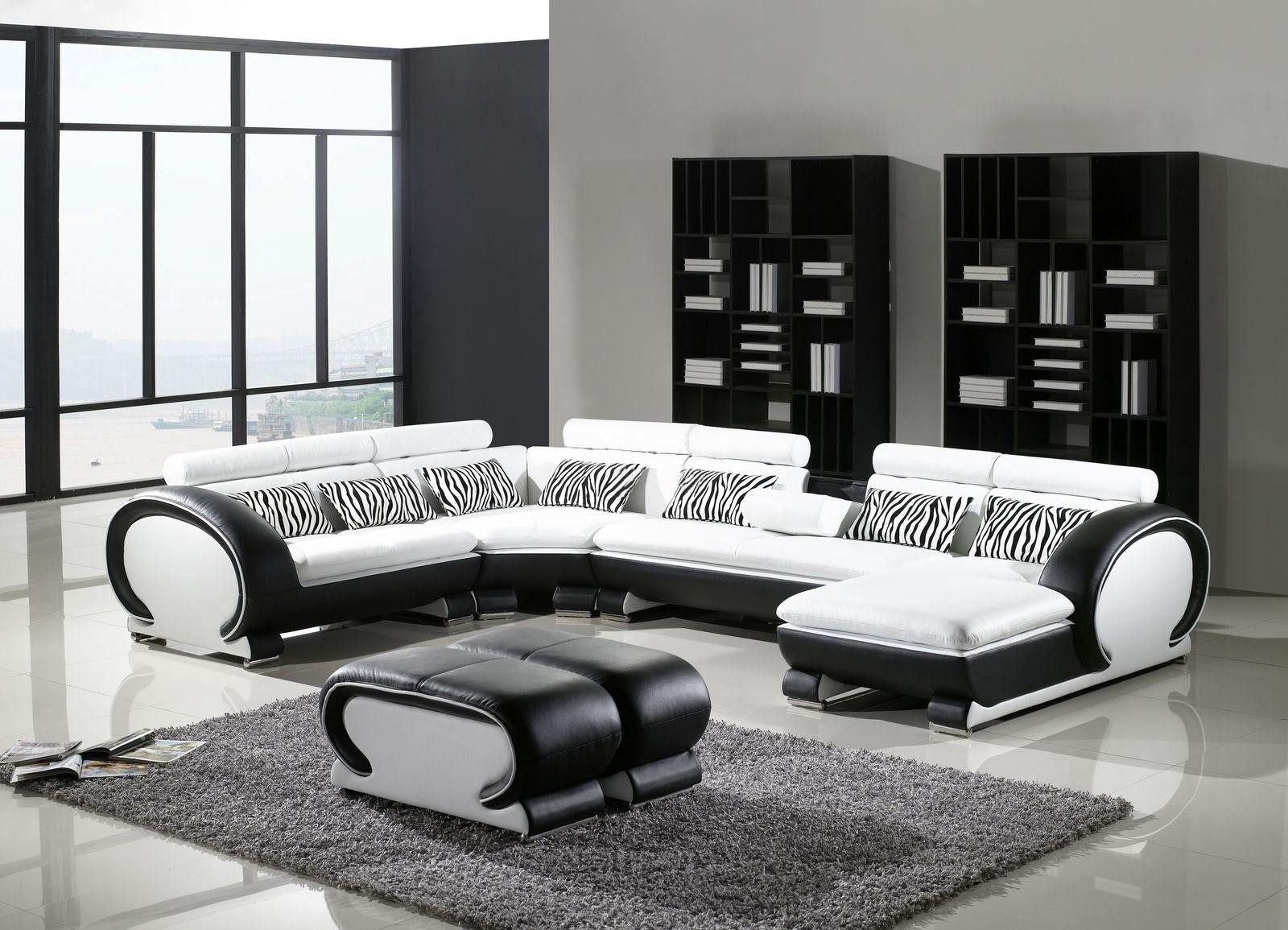 JVmoebel Wohnlandschaft U-Form Ledercouch in Weiß und Schwarz mit Hockern und Edelstahlfüßen, Set, Made in Europa