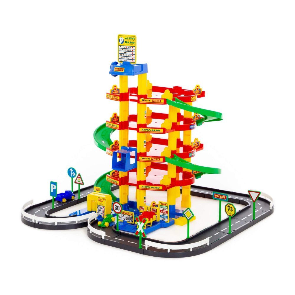 WADER QUALITY TOYS Spiel-Parkhaus mit 5 Ігриbenen, 3 Fahrzeugen, 2,7 m Spielstrasse und Zubehör