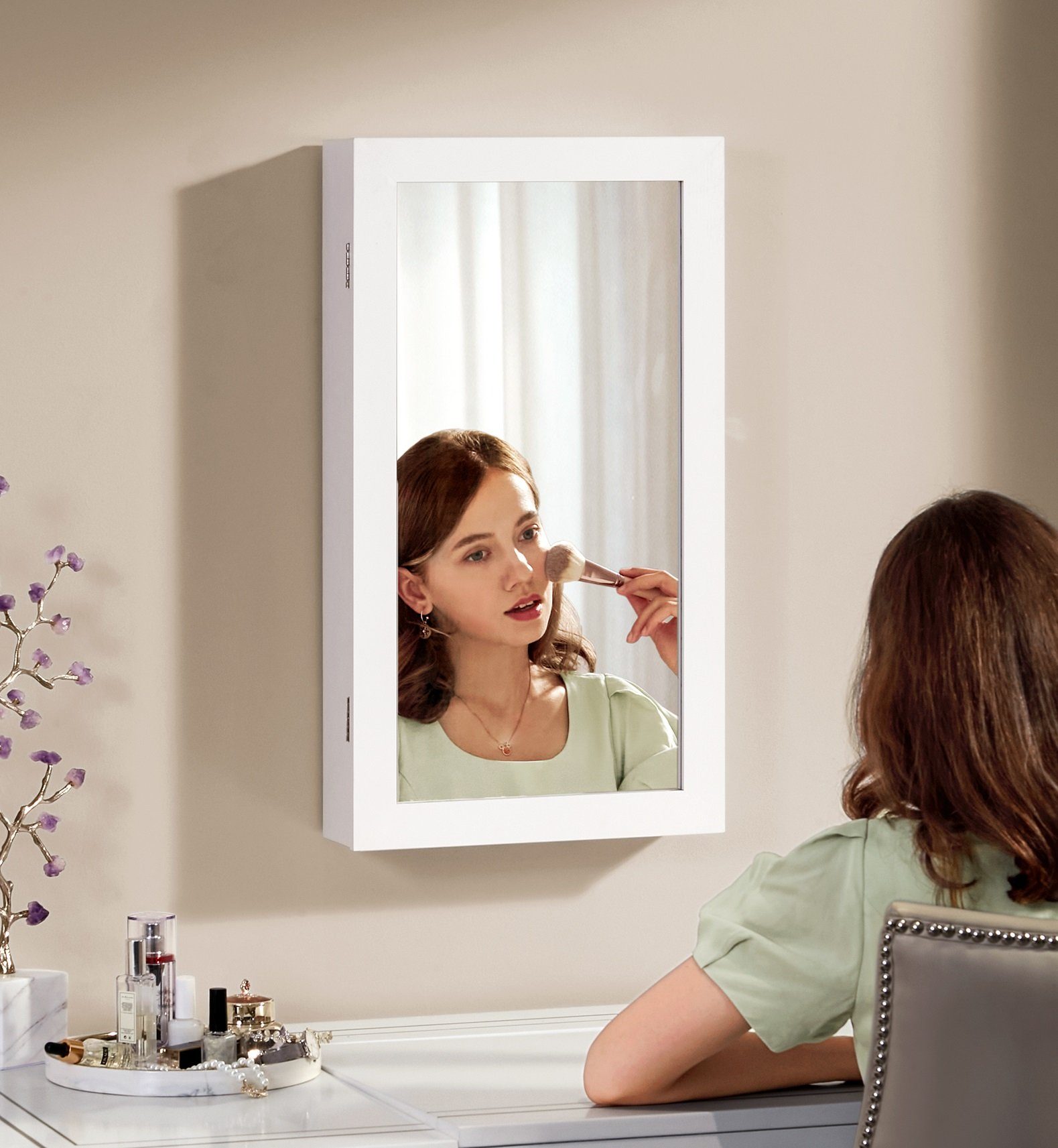 SONGMICS Schmuckschrank Spiegelschrank abschließbarer Wandschrank, platzsparender Schmuckorganizer
