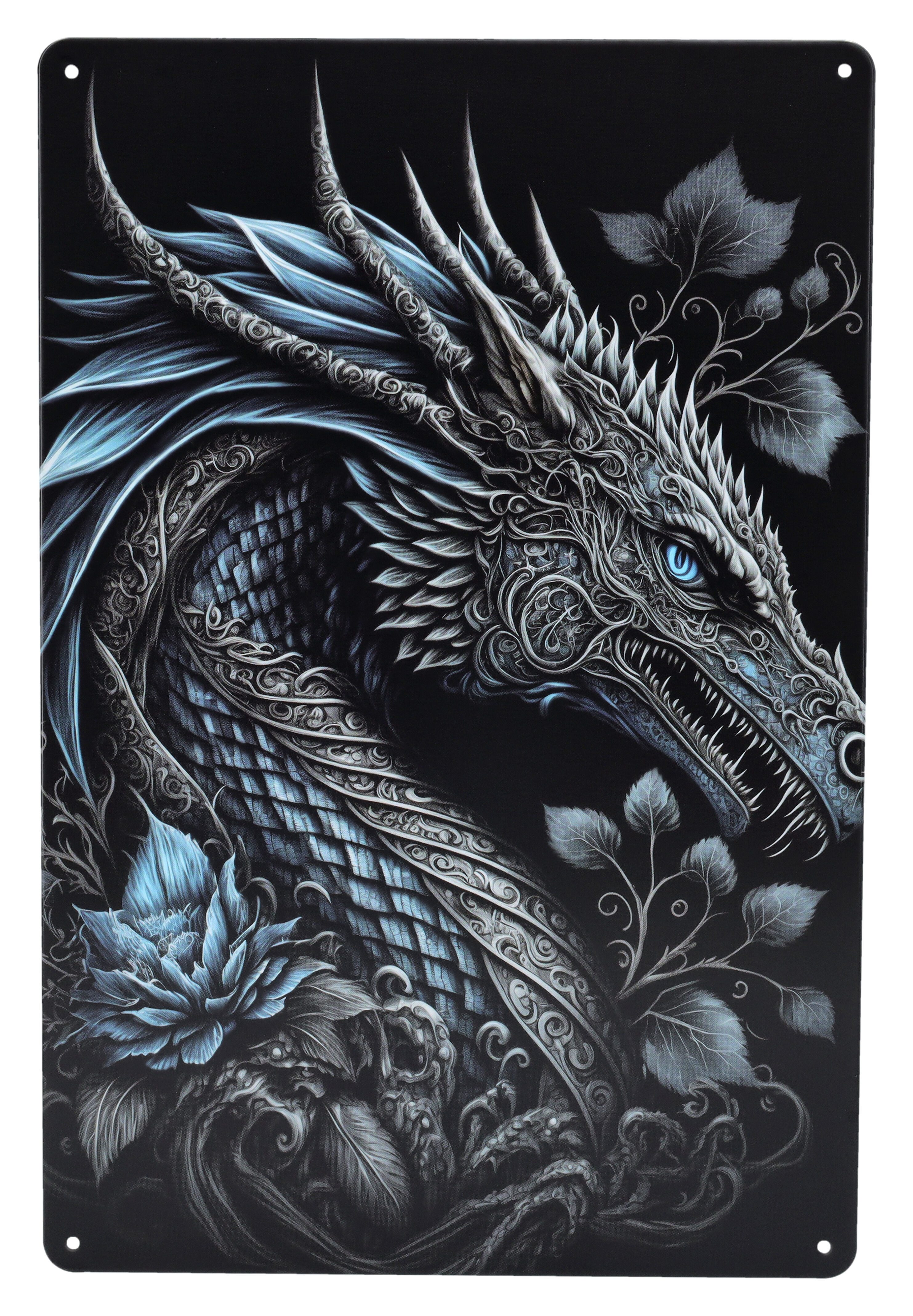 Figuren Shop GmbH Metallschild Blechschild - Blauer Rosen Drache - Fantasy günstig online kaufen