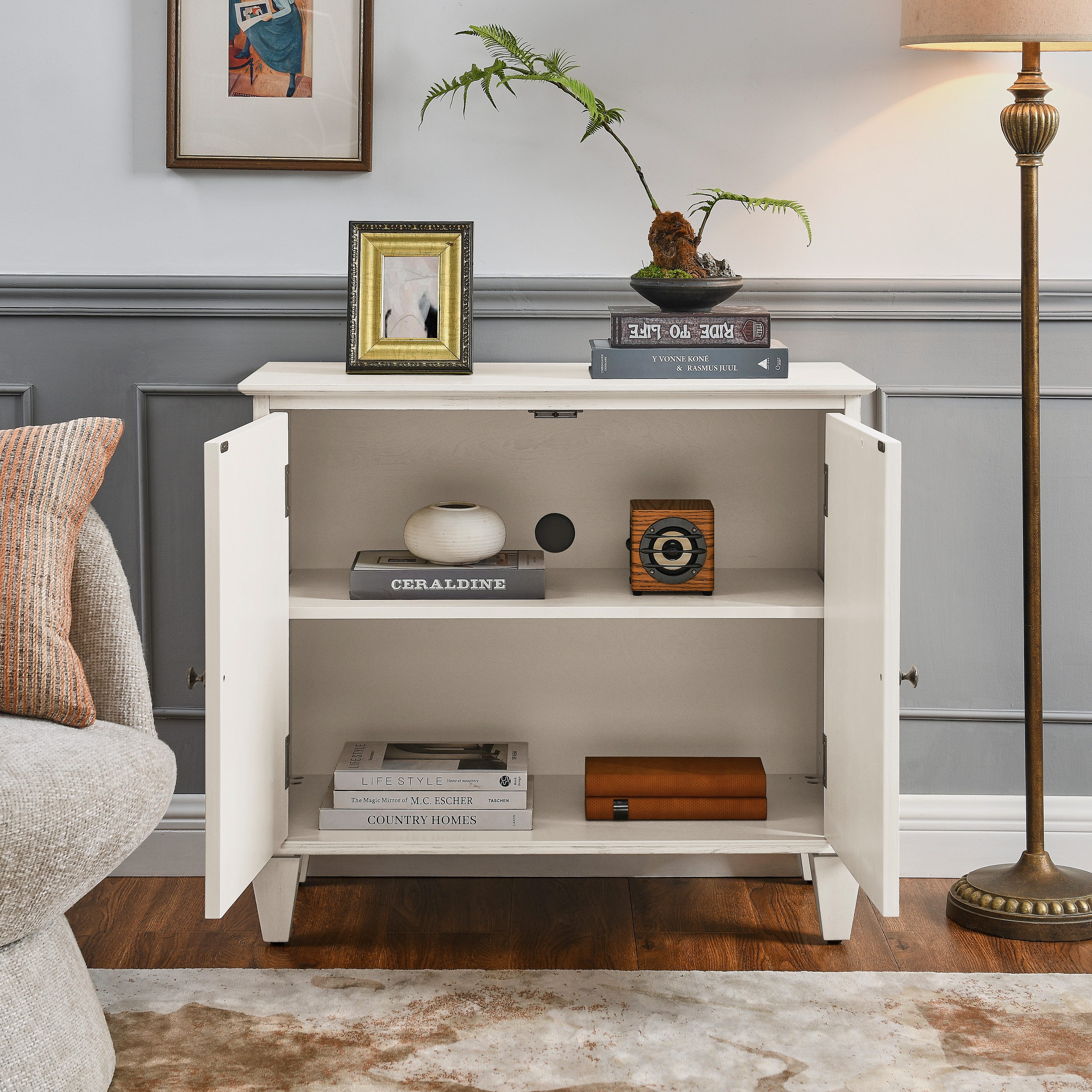 Celya Sideboard Vitrinen aus Holz mit Stauraum und verstellbaren Einlegeboden (mit geometrischen Akzenten und 2 Tür)