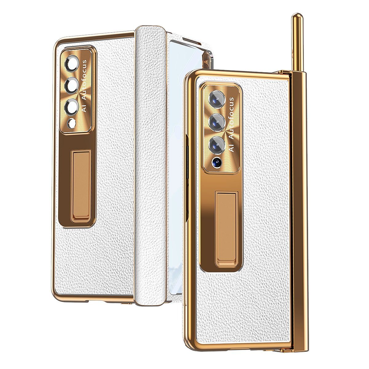 Wigento Handyhülle Für Samsung Galaxy Z Fold4 5G Magnetische Kunststoff / Glas Handy Tasche Hülle Etuis Weiß / Gold + Stift