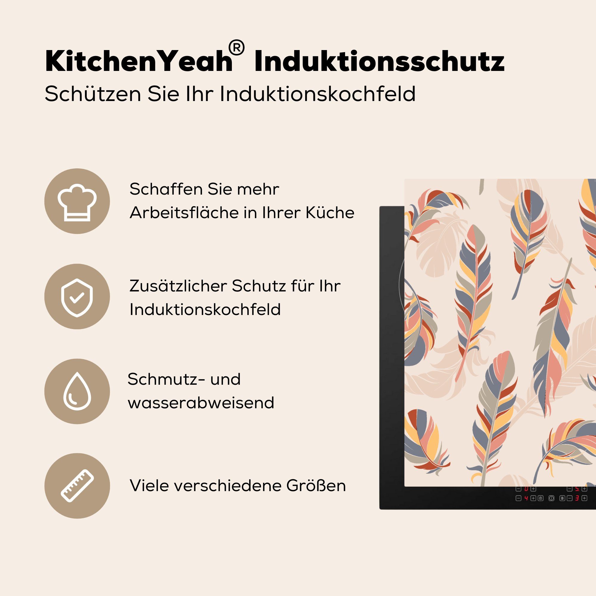 Federn Pastell, Federn - 59x52 - Herdblende-/Abdeckplatte Vinyl, MuchoWow (1 Muster - die küche, für Induktionsmatte tlg), cm, Ceranfeldabdeckung