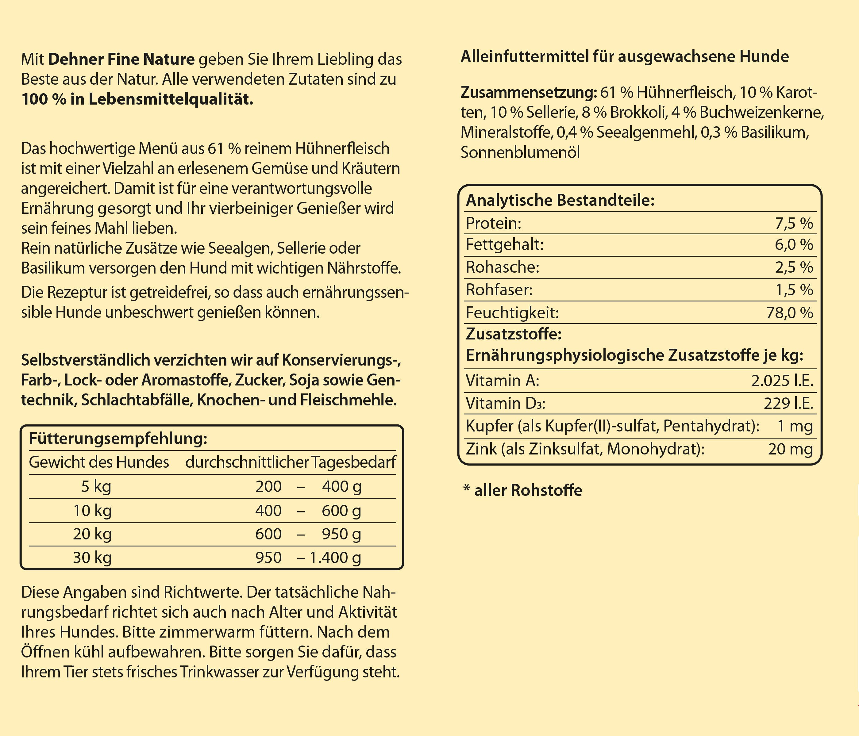 Dehner Fine Nature Adult Huhn, 6 x 200 g / 400 g / 800 g Dose, getreidefrei Huhn, Nassfutter für: Hunde, Nassfutter für ausgewachsene Hunde, Lebensmittelqualität