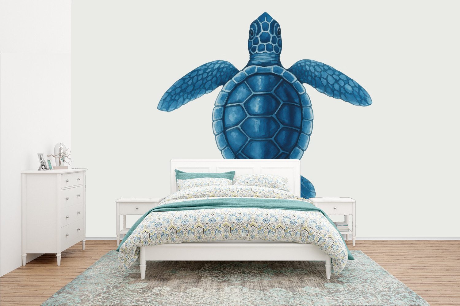 MuchoWow Fototapete Schildkröte - Blau - Schild, Matt, bedruckt, Vinyl Tapete für Wohnzimmer oder Schlafzimmer, Wandtapete, 435x260 cm