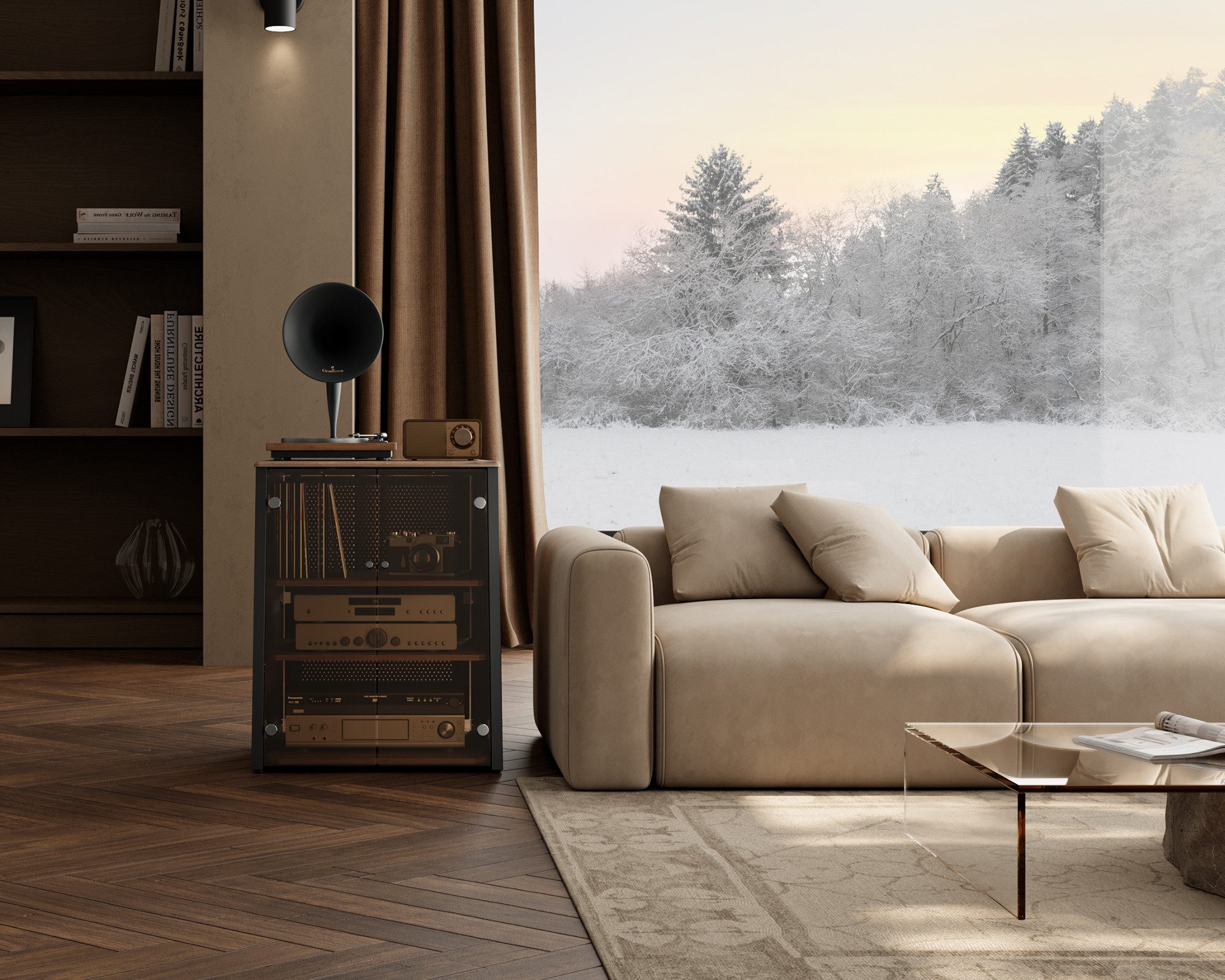 FITUEYES TV-Regal HIFI-Rack mit verstellbaren Einlegeböden, Glastüren, mit belüfteter Metall-Rückwand