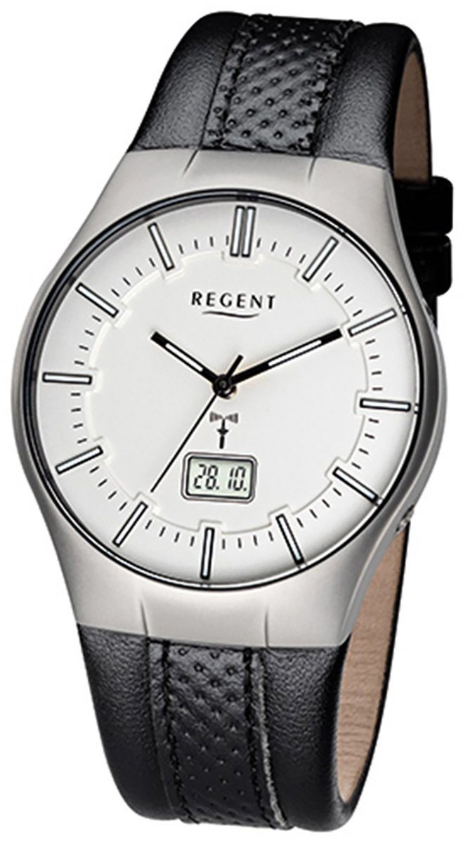 Regent Funkuhr Regent Herren-Armbanduhr schwarz, Herren Funkuhr rund, mittel (ca. 39mm), Lederarmband silber | Funkuhren