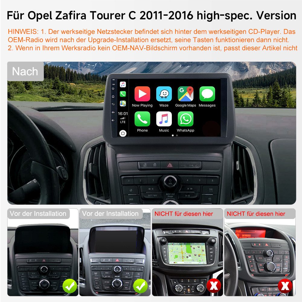 A-Sure CarPlay Für Opel Zafira Tourer C 2011-2016 GPS RDS Android 15 Autoradio (Digitalradio (DAB), FM, Carplay Android Auto Bluetooth EQ USB GPS Navi WIFI Touchscreen)