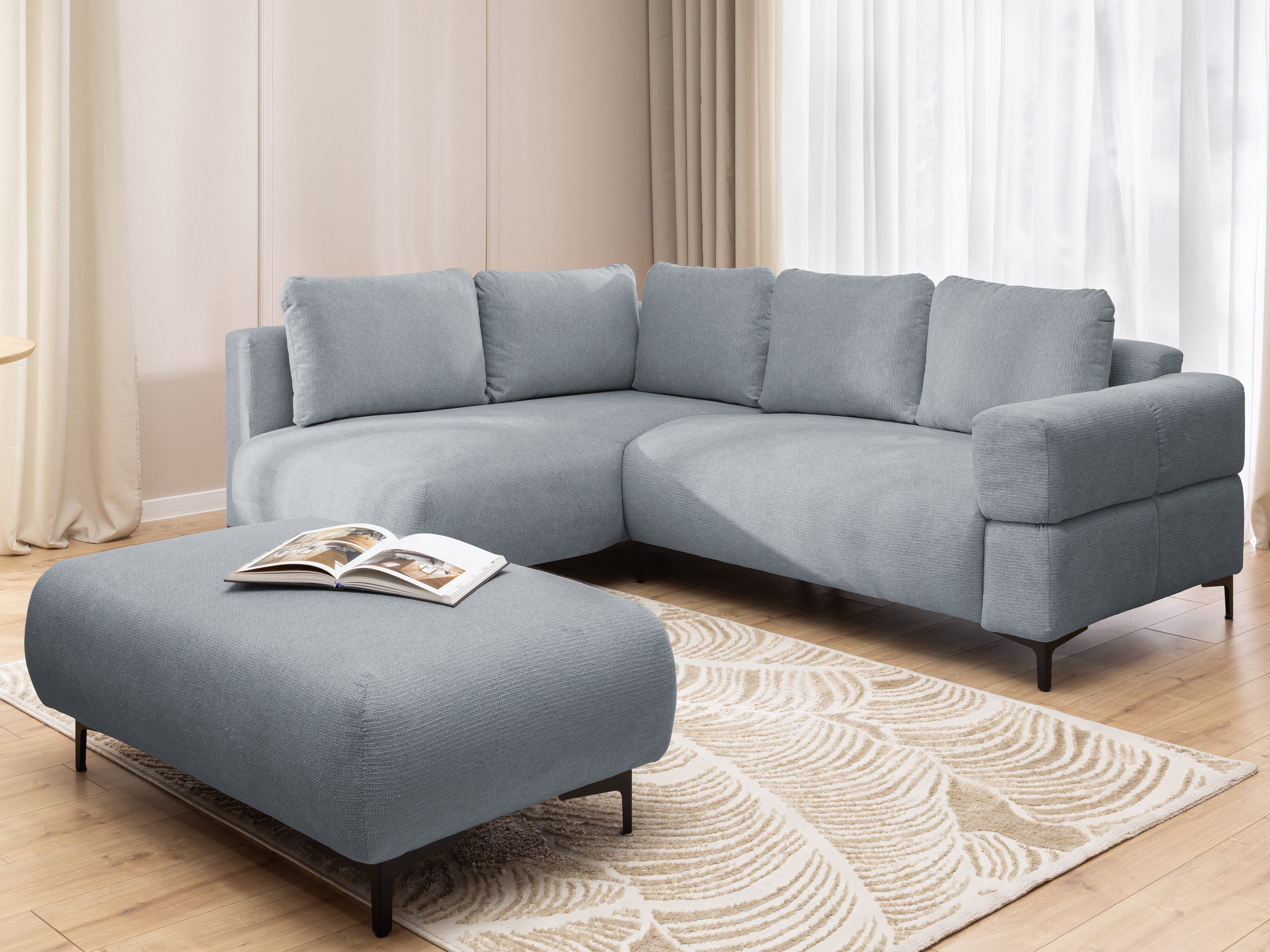 S-Style Möbel Ecksofa und Hocker Cardea mit Schlaffunktion in Bubble-Optik, aus weichem Strukturstoff, mit Wellenfederung