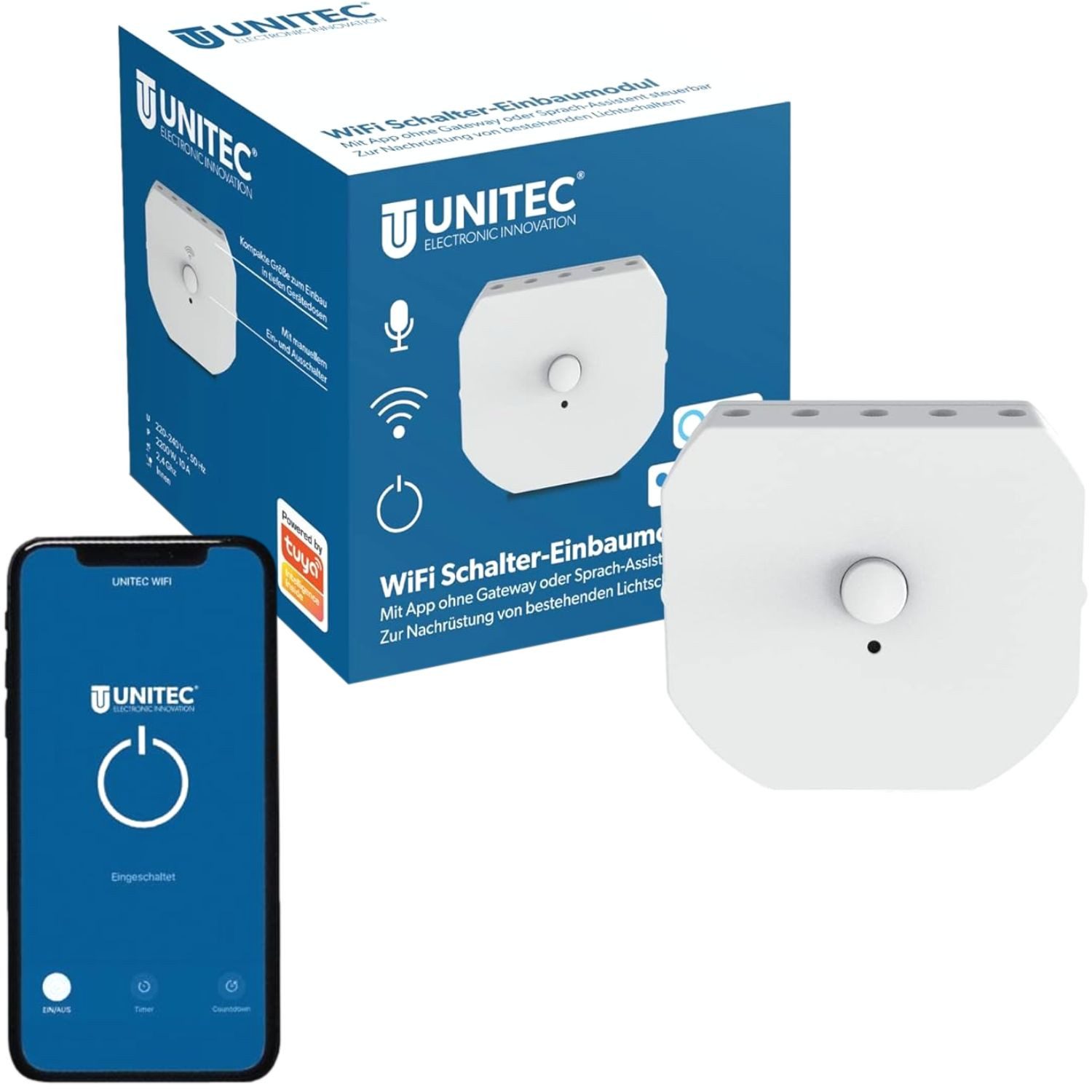 UNITEC WLAN-Steuerungsmodul WLAN Smart Schalter Einbaumodul WiFi Modul, für Innen, 1x WLAN Modul, Lichtschalter Schaltmodul Dose für Alexa Hey Google Tuya Smart Life